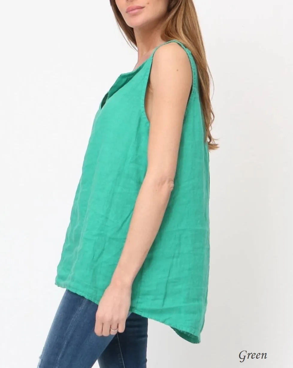 100% Linen Tank with Notched V-Neck Detail 38009