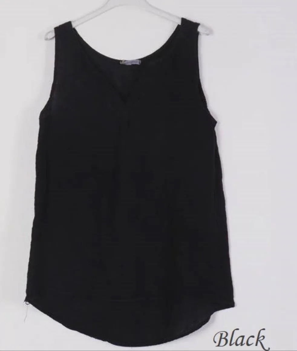 100% Linen Tank with Notched V-Neck Detail 38009