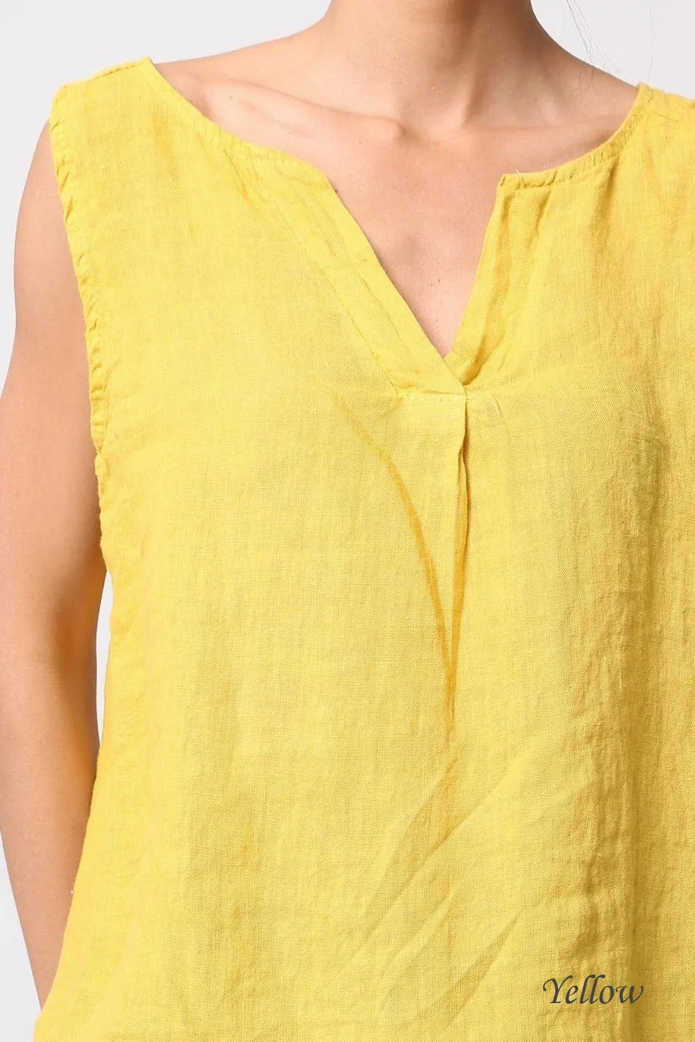 100% Linen Tank with Notched V-Neck Detail 38009