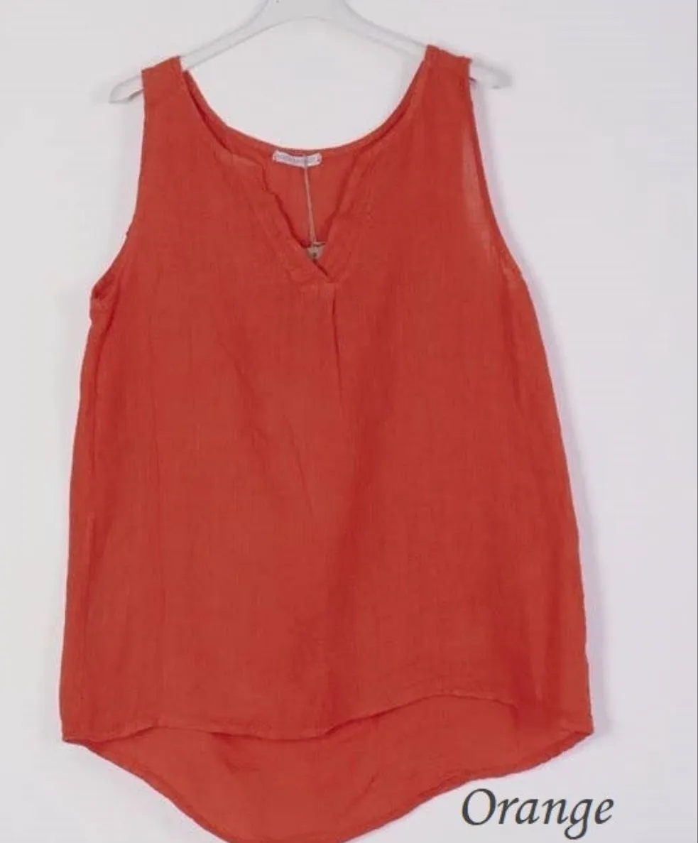 100% Linen Tank with Notched V-Neck Detail 38009