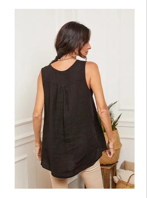 100% Linen Tank with Notched V-Neck Detail 38009