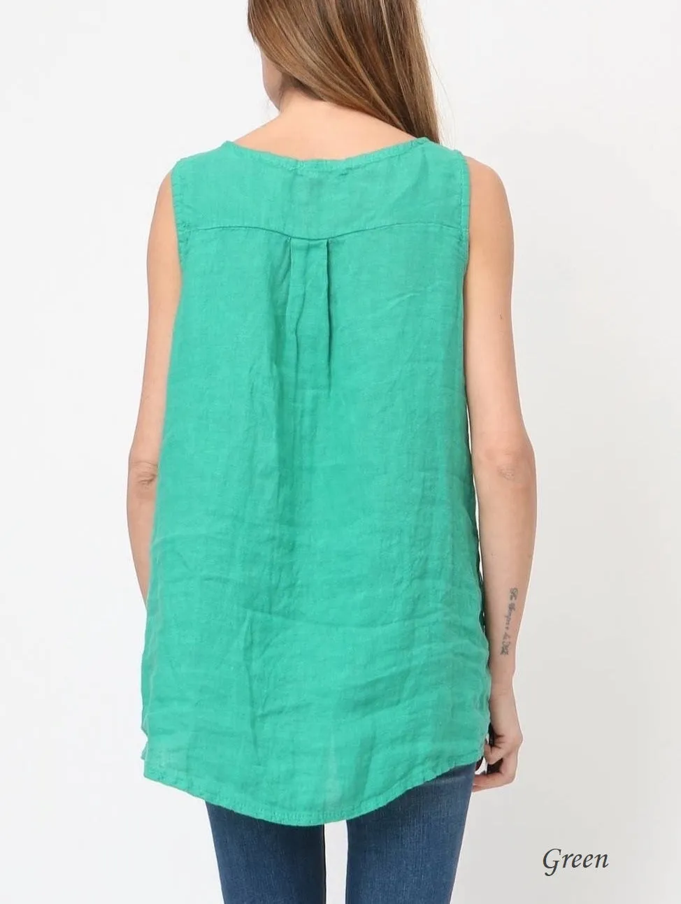 100% Linen Tank with Notched V-Neck Detail 38009