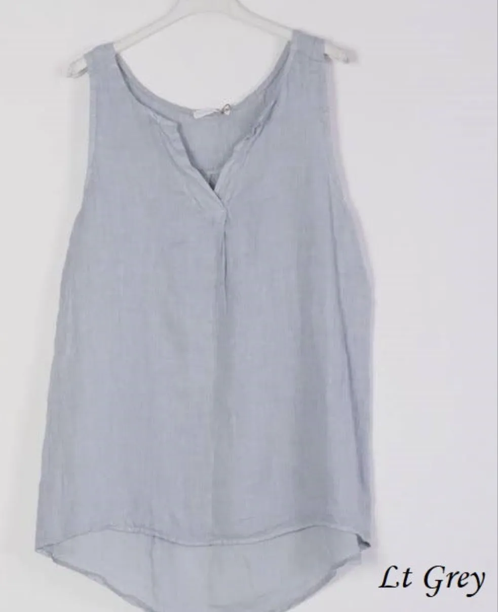 100% Linen Tank with Notched V-Neck Detail 38009