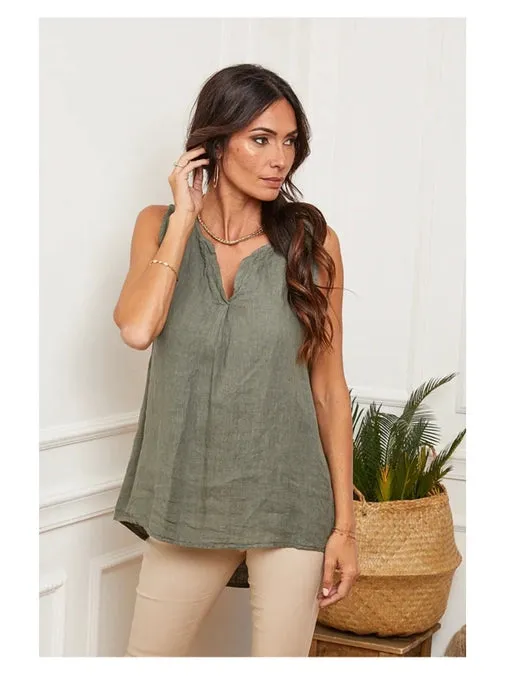 100% Linen Tank with Notched V-Neck Detail 38009