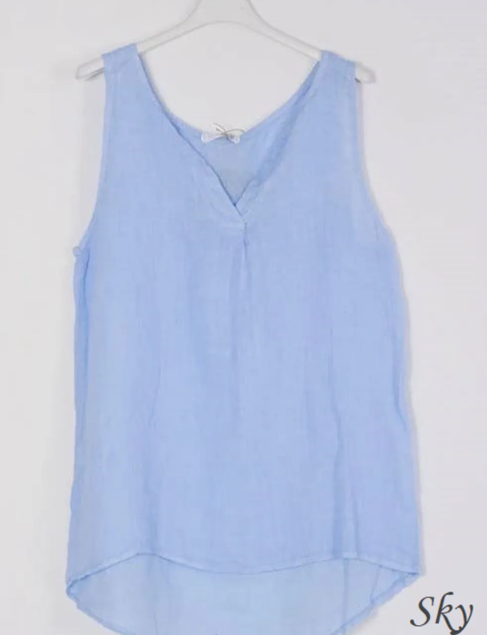 100% Linen Tank with Notched V-Neck Detail 38009