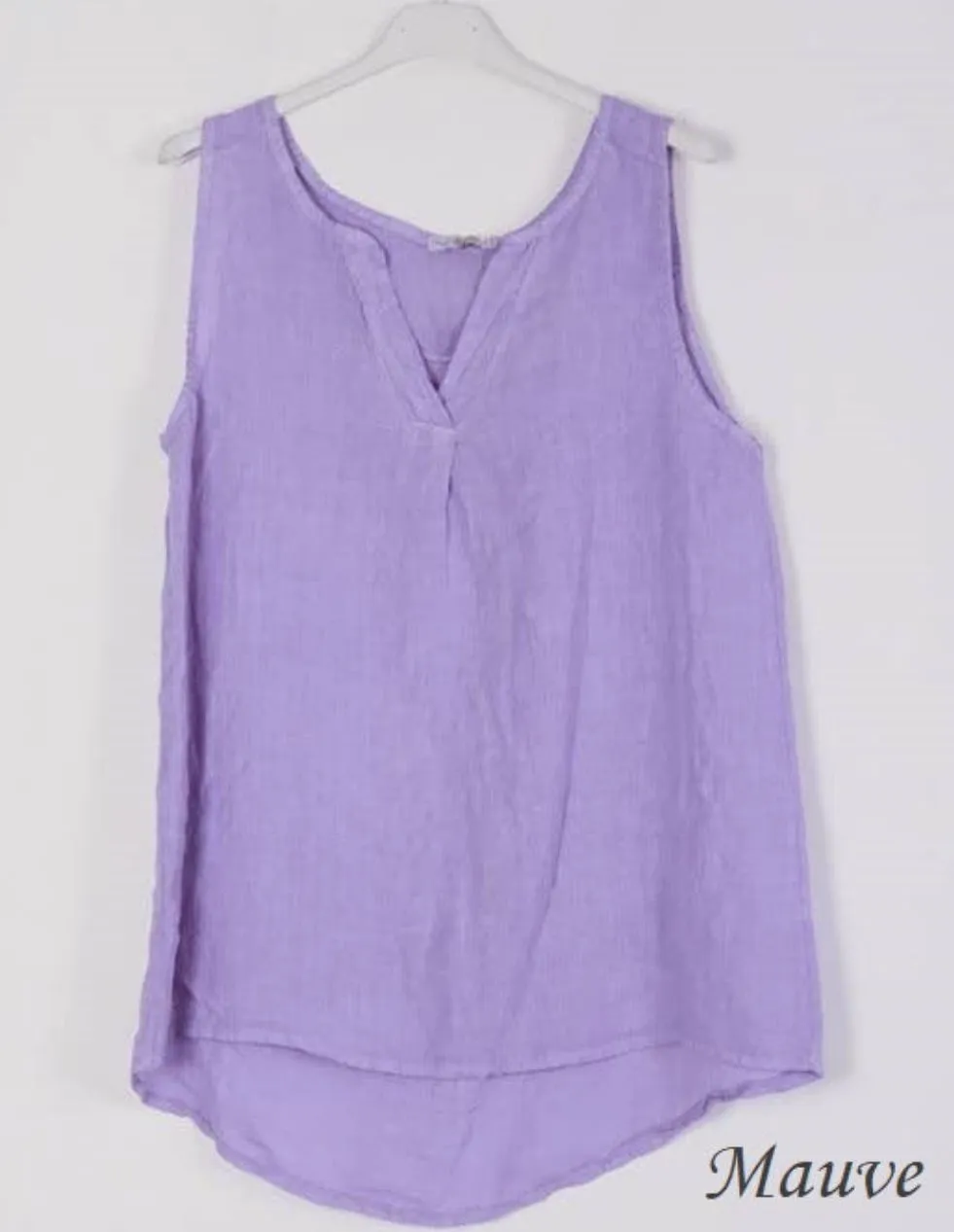 100% Linen Tank with Notched V-Neck Detail 38009