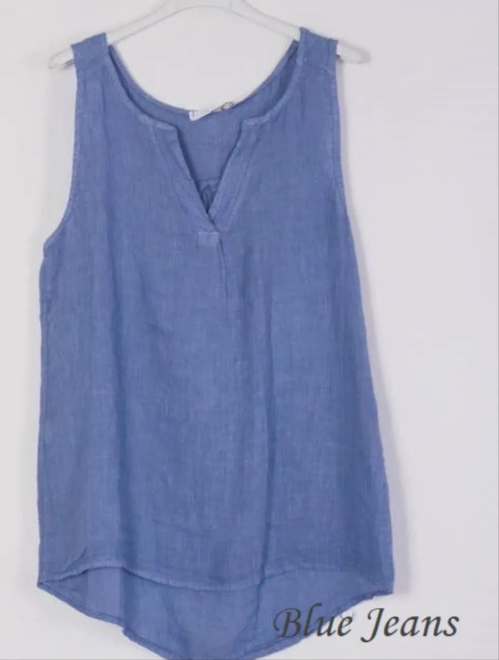 100% Linen Tank with Notched V-Neck Detail 38009