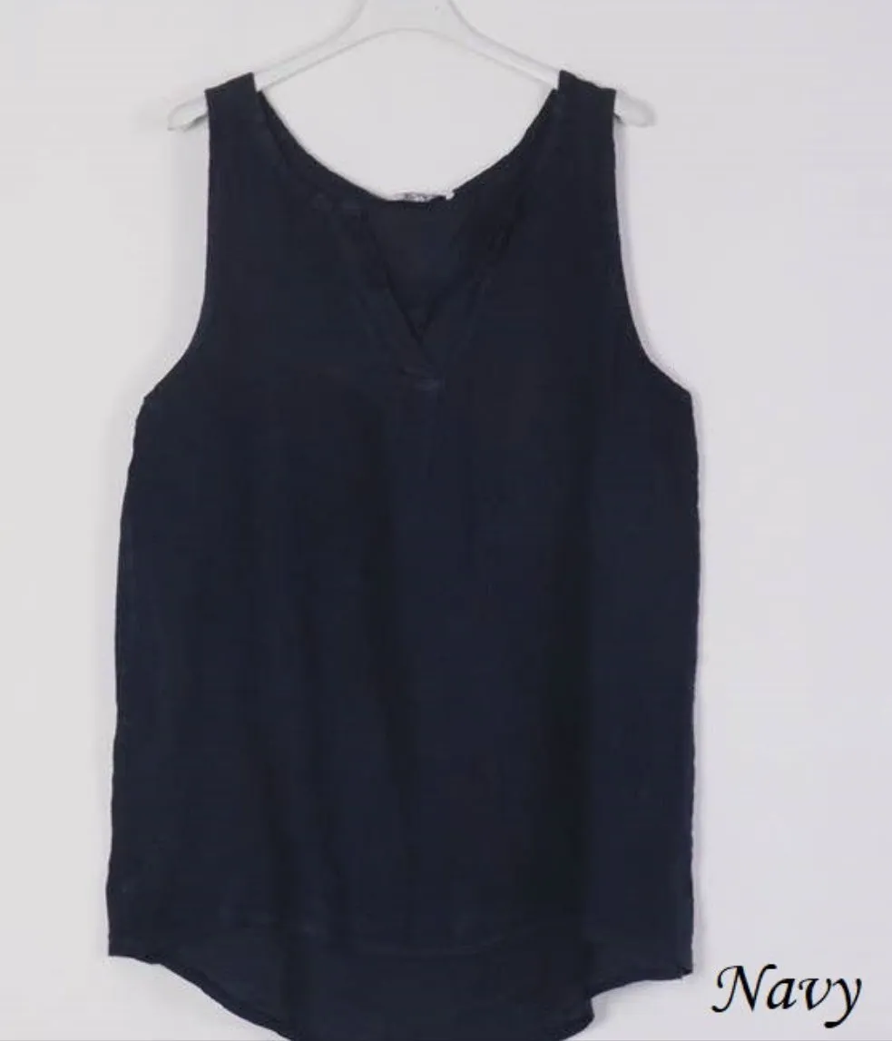 100% Linen Tank with Notched V-Neck Detail 38009