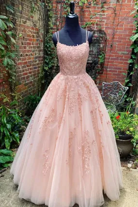 2023 New Arrival Tulle Blush Pink With Appliques Lace Up Prom Dresses