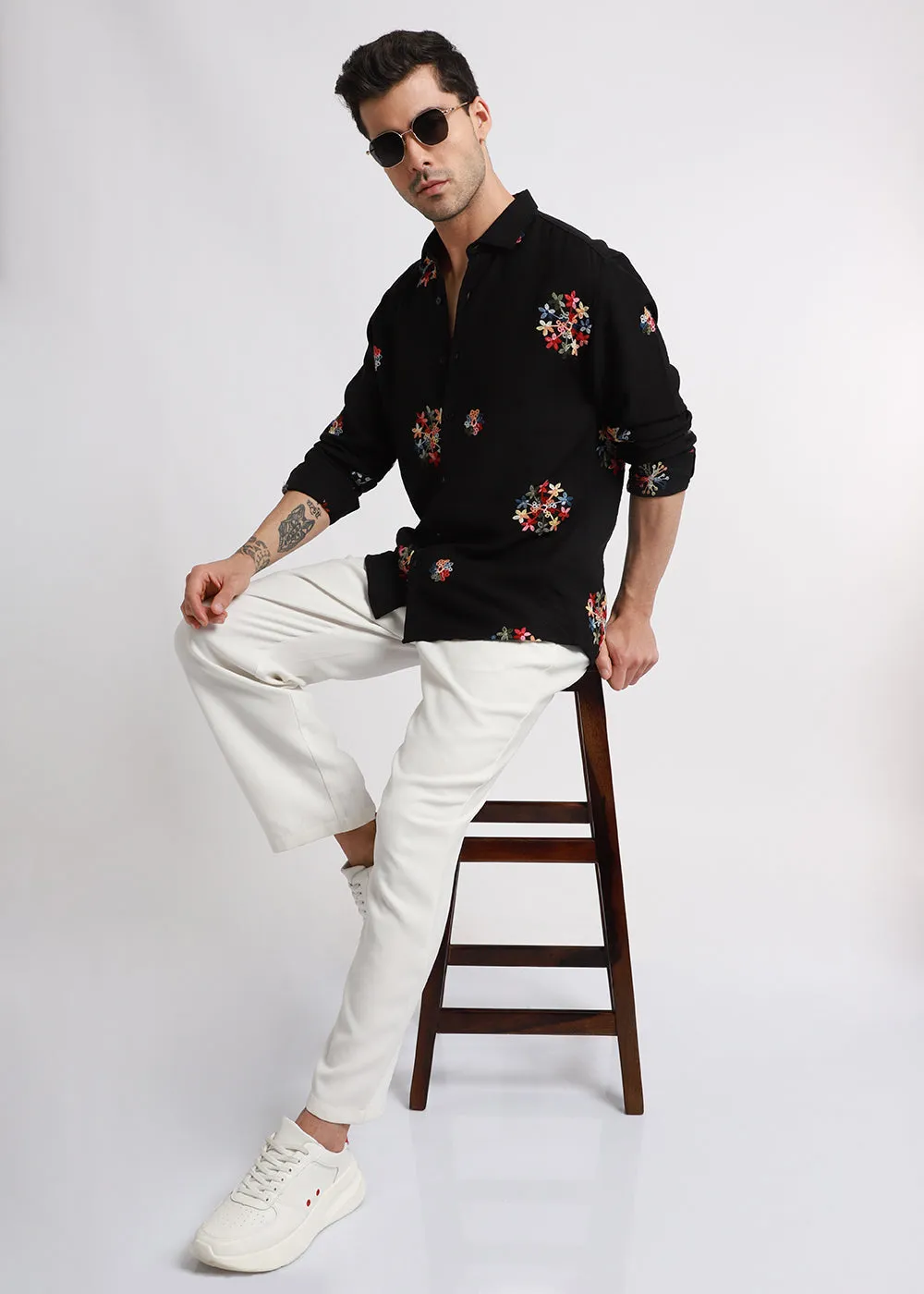 Black Floral Embroidered Shirt