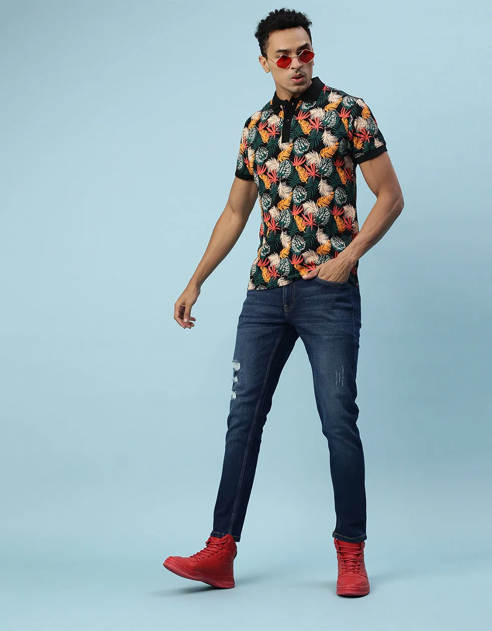 Black Leaf Printed All Over Floral Polo T-shirt