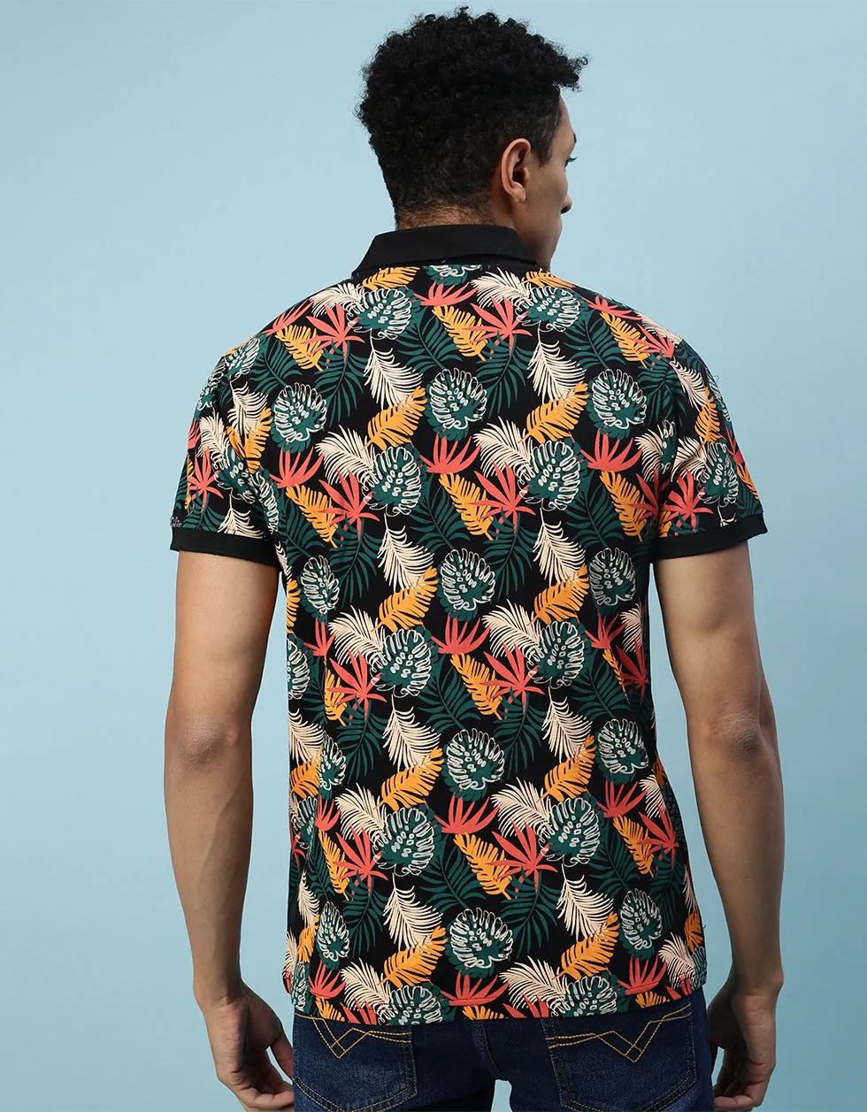 Black Leaf Printed All Over Floral Polo T-shirt