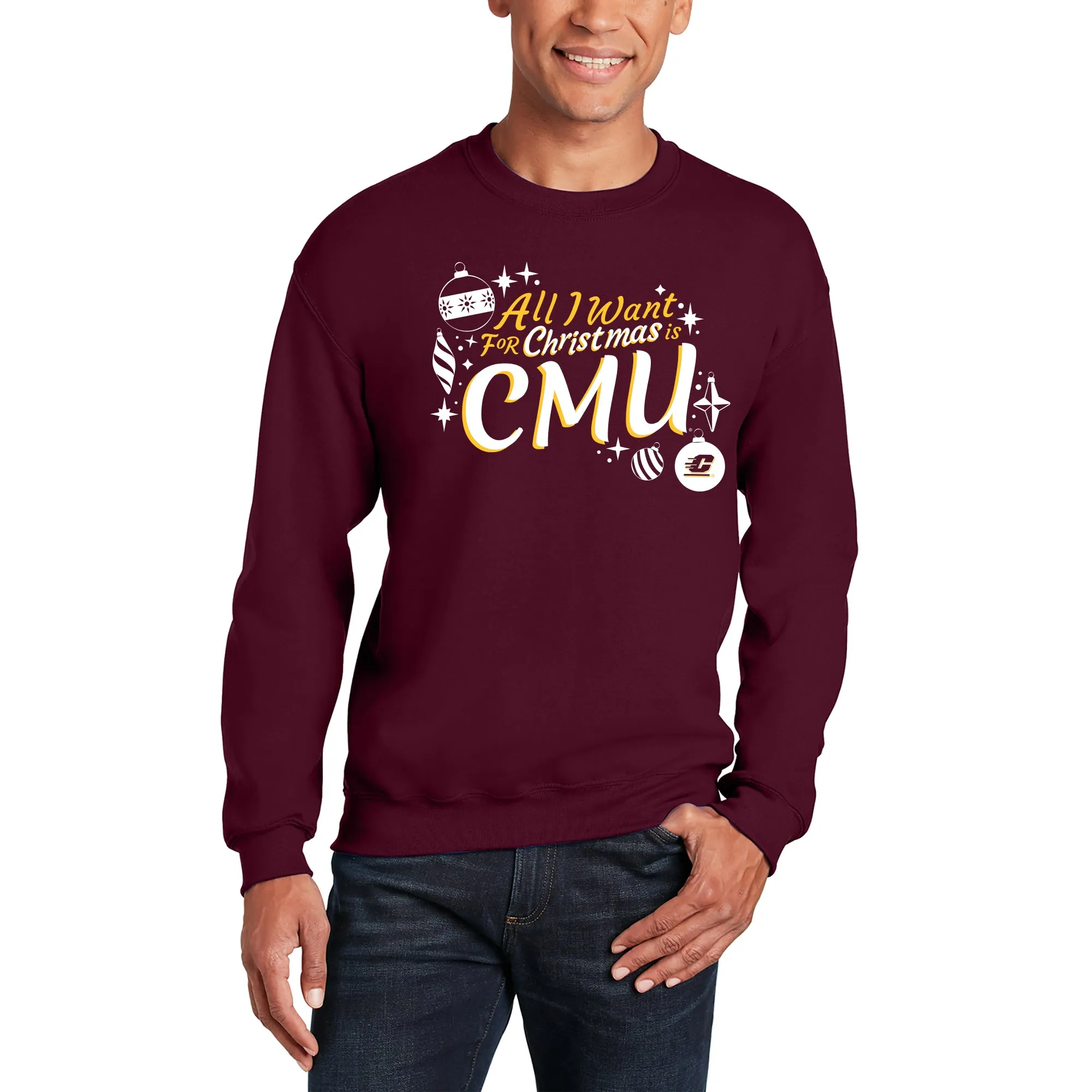 Central Michigan Chippewas All I Want For Christmas Is CMU Crewneck Sweatshirt - Maroon