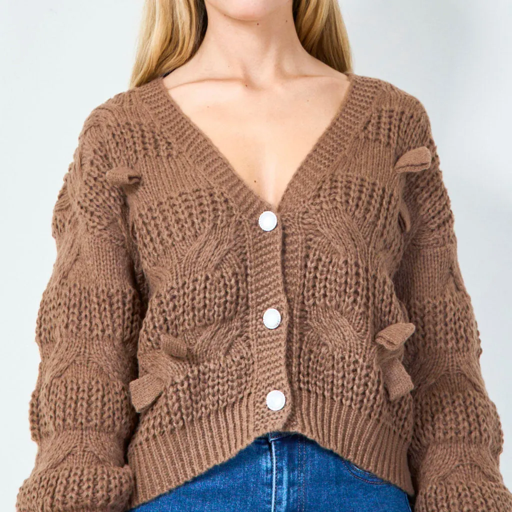 Chunky knit cardigan with bow details wholesale