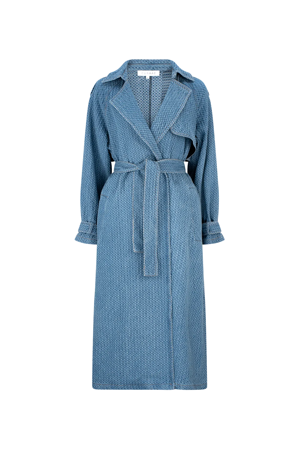 CURAAE Aurora Long Denim Textured Tie Trench In Mid Blue