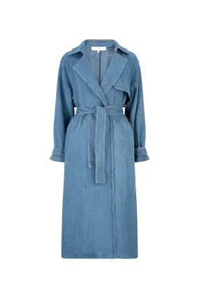 CURAAE Aurora Long Denim Textured Tie Trench In Mid Blue