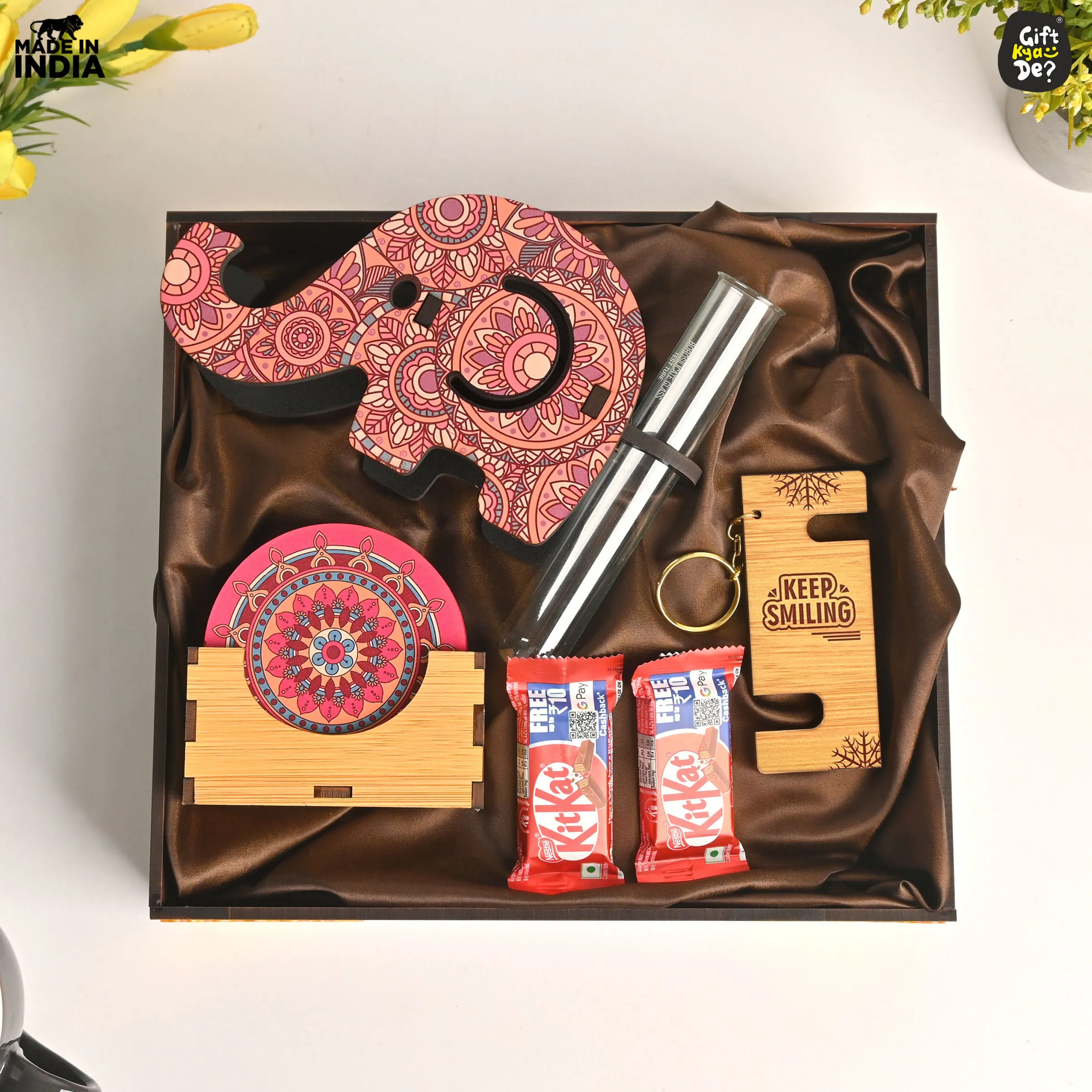 Eco-Friendly Diwali Gift Hamper | Wooden Elephant Pen & Mobile Holder, Test Tube Planter, Coasters, Keychain & Chocolates | Perfect Corporate Gift