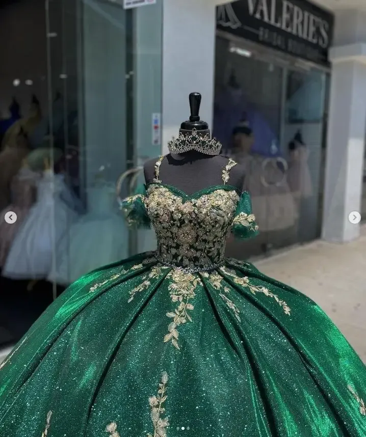 Emerald Hunter Green Ball Gown Quinceanera Dresses Gillter Floral Applique Princess Corset Prom Vestidos de fiesta 15 años