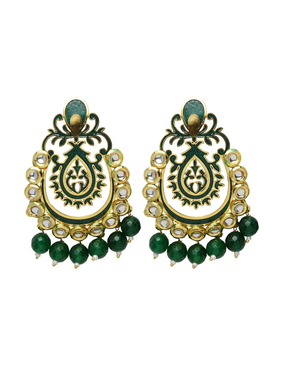 Gold-Plated & Green en Handpainted Kundan Crescent Shaped Chandbalis