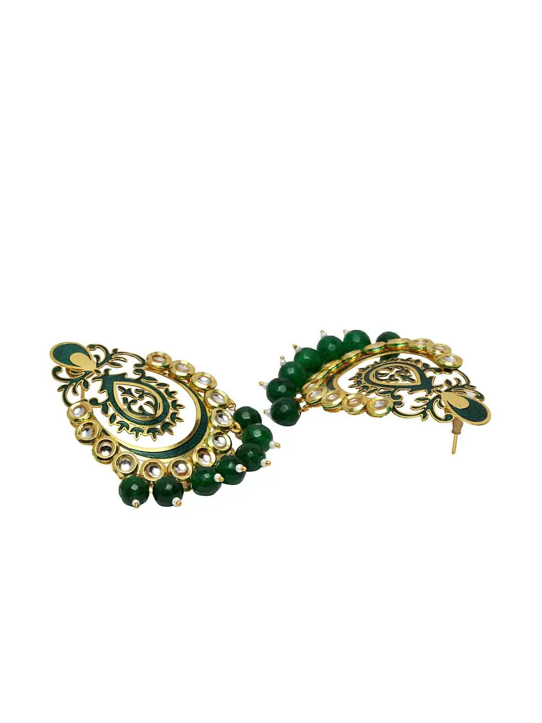 Gold-Plated & Green en Handpainted Kundan Crescent Shaped Chandbalis