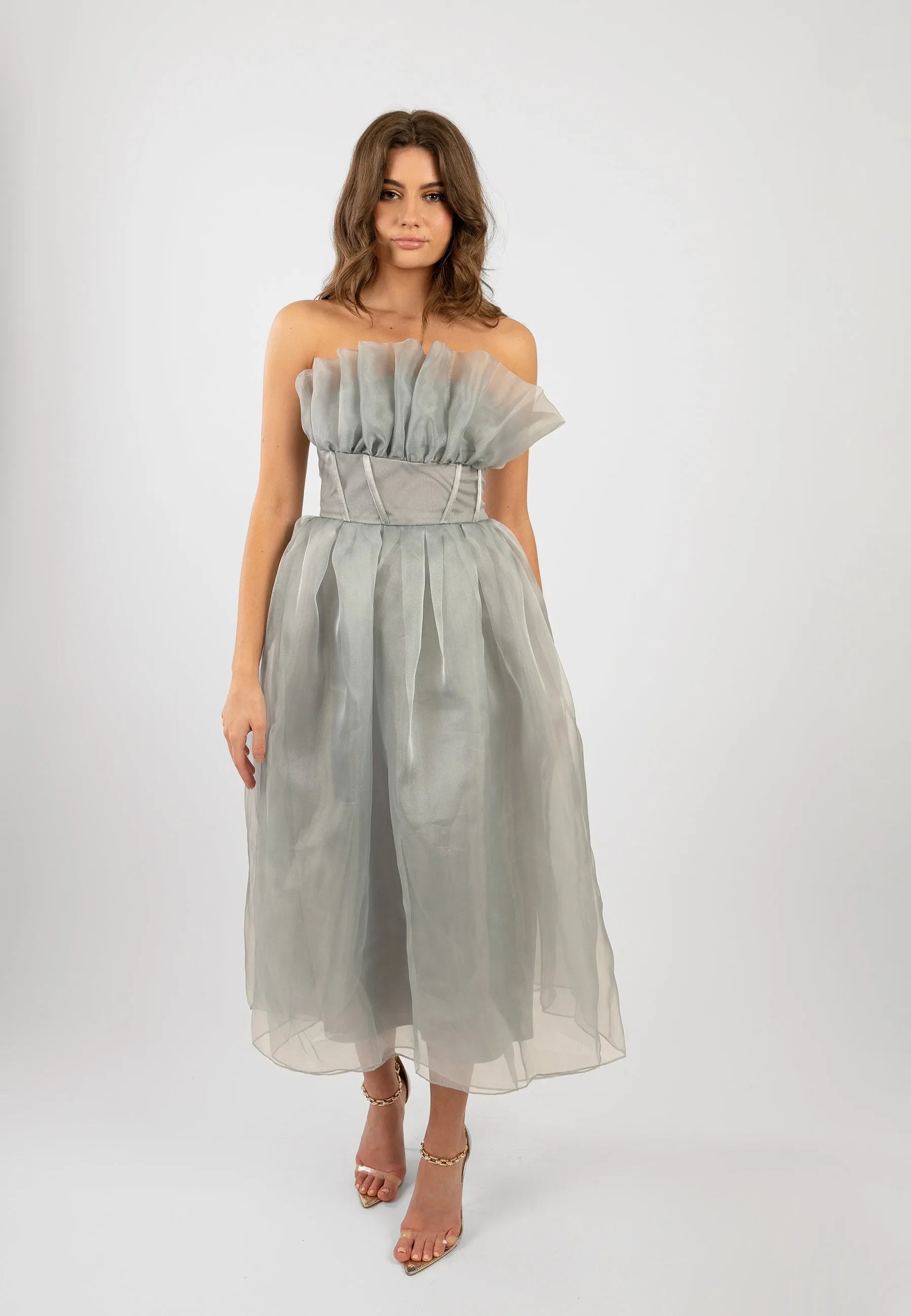 Noah Organza Midi Dress in Grey