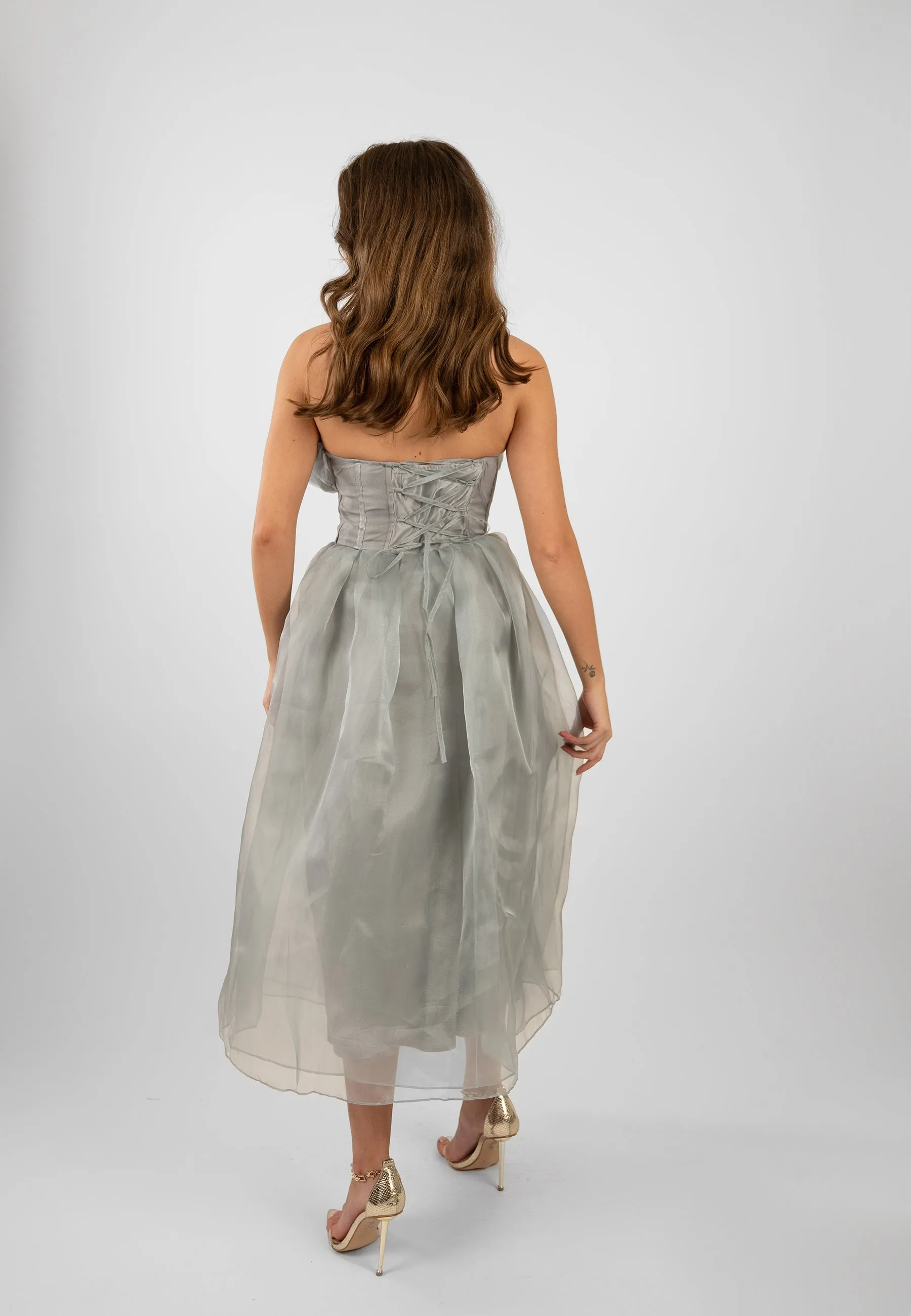 Noah Organza Midi Dress in Grey