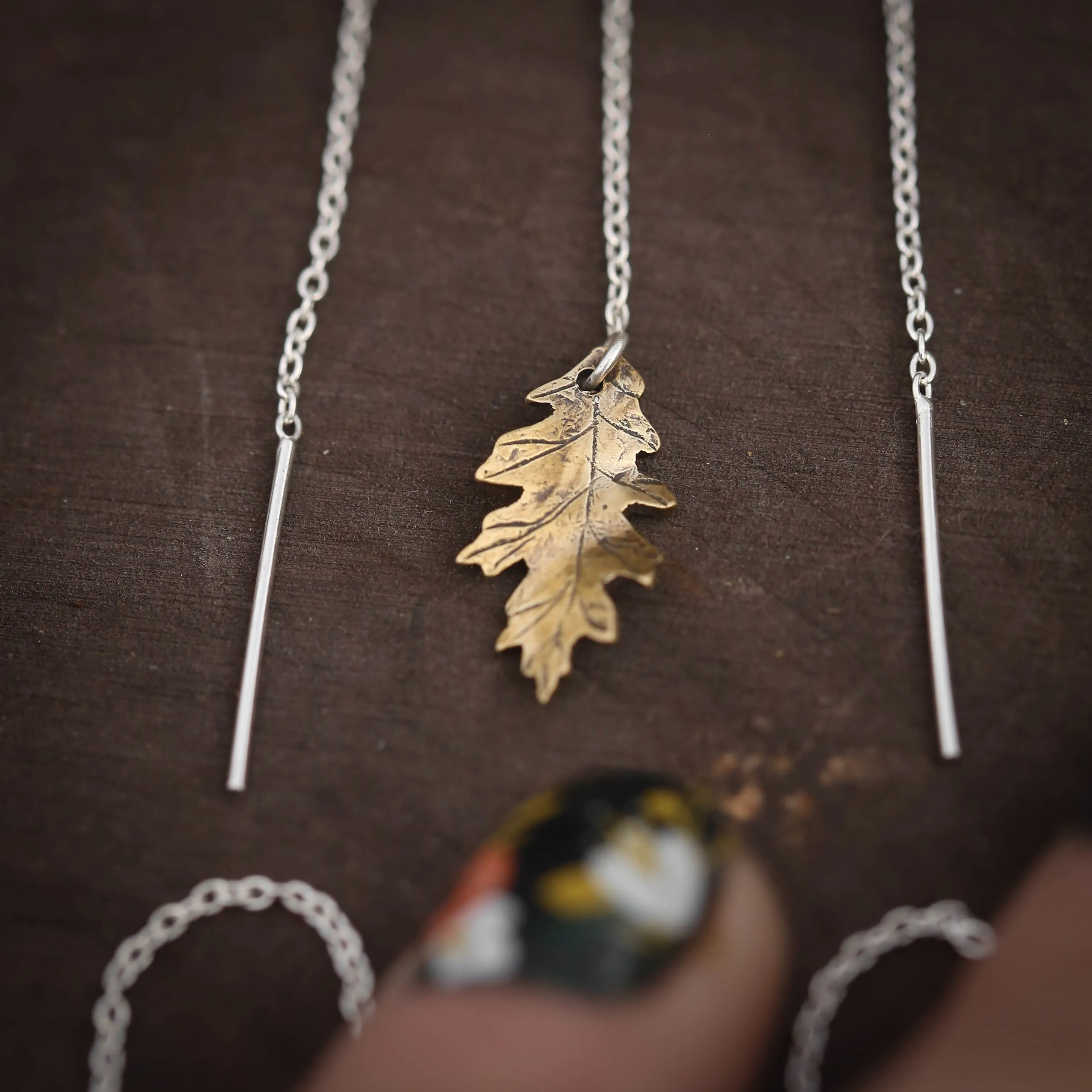 Oak and Aspen Leaf Ear Threaders Earrings in Brass and Sterling Silver