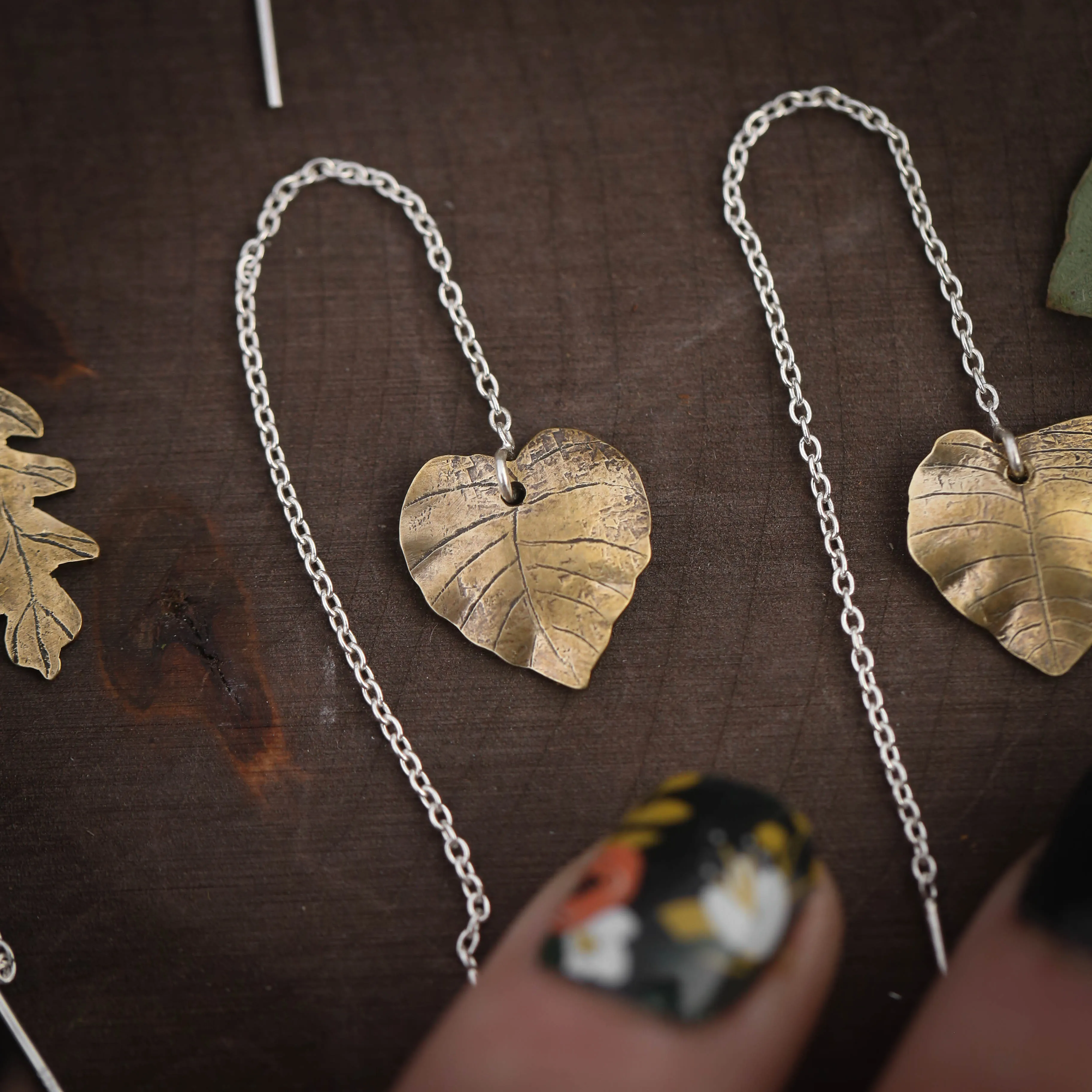 Oak and Aspen Leaf Ear Threaders Earrings in Brass and Sterling Silver