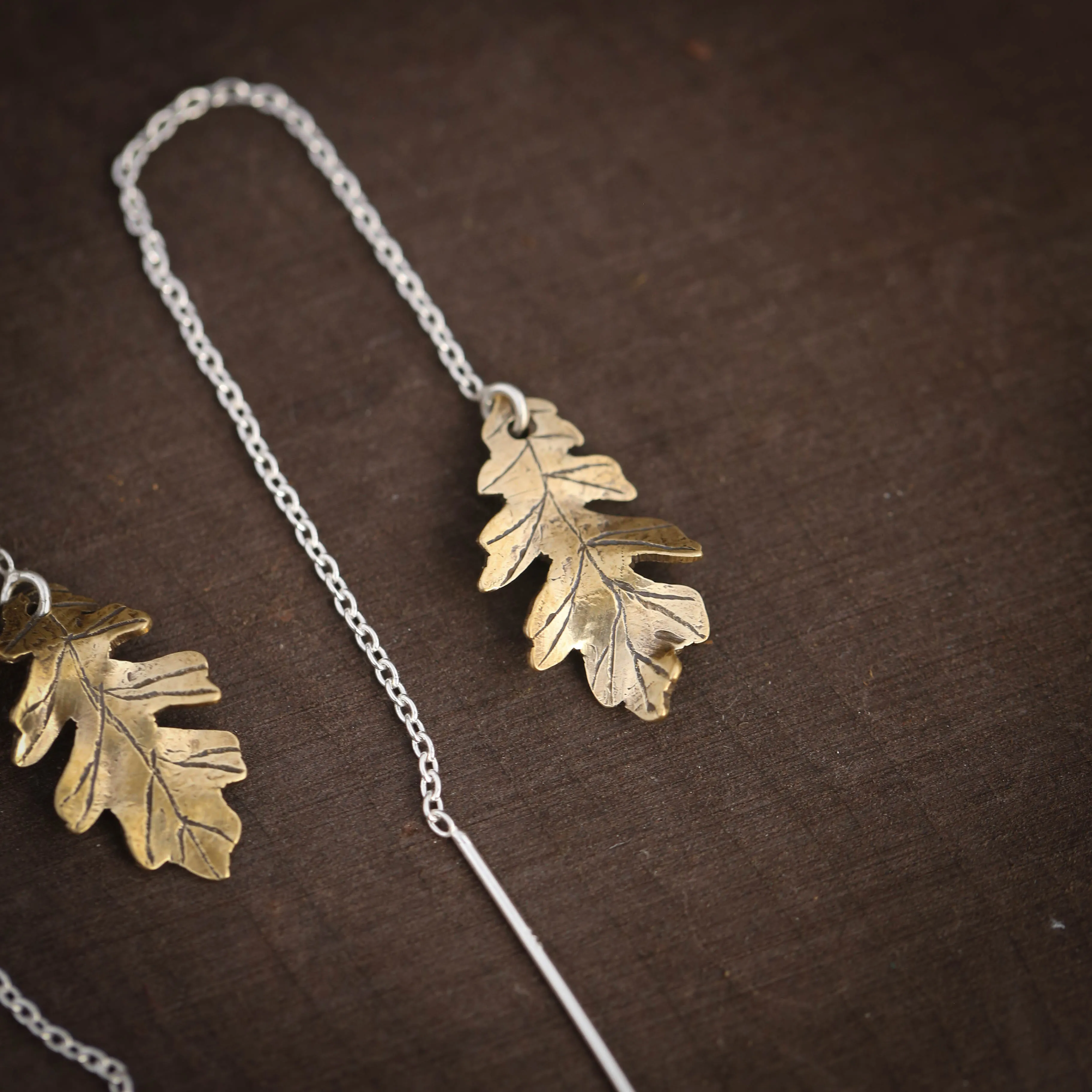 Oak and Aspen Leaf Ear Threaders Earrings in Brass and Sterling Silver