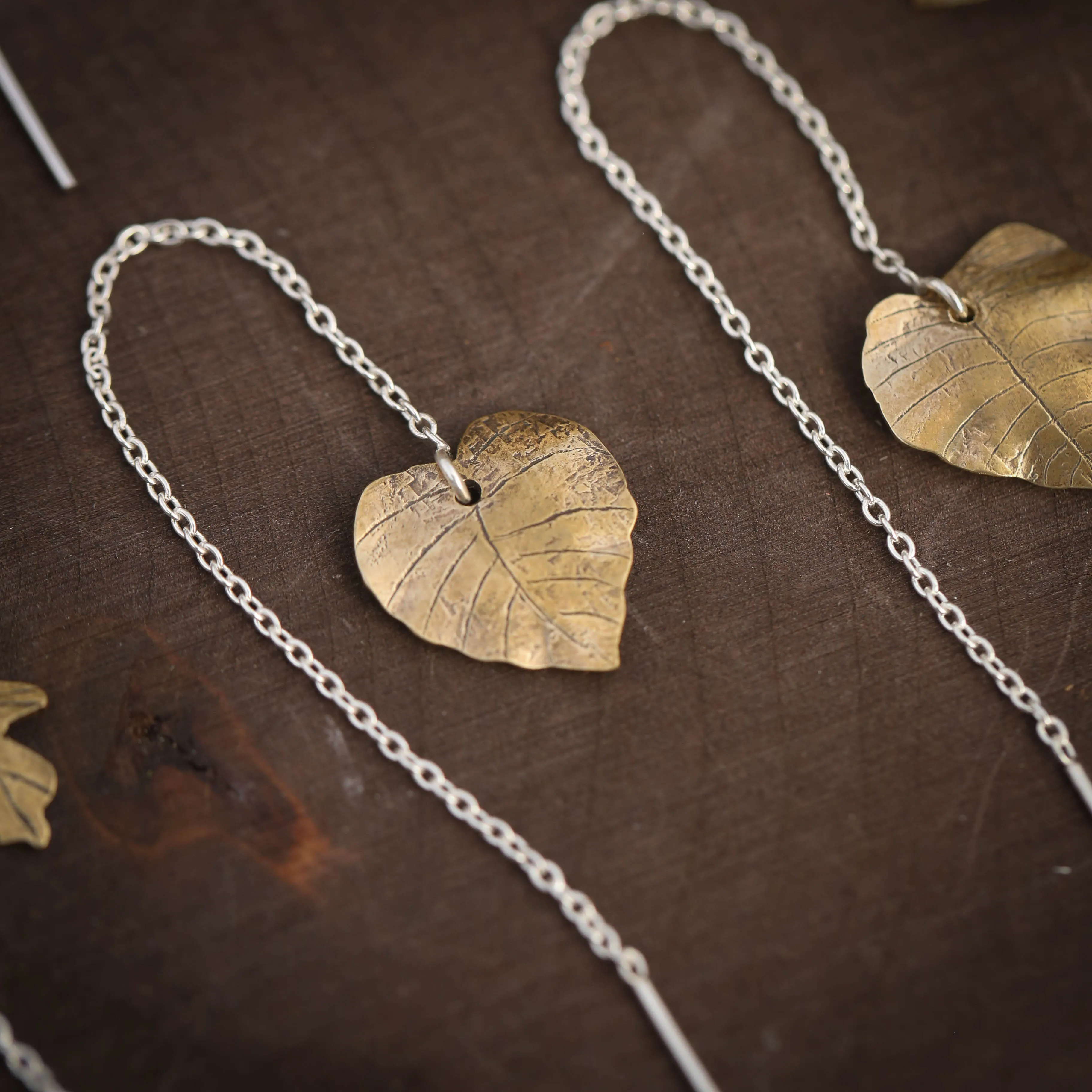 Oak and Aspen Leaf Ear Threaders Earrings in Brass and Sterling Silver