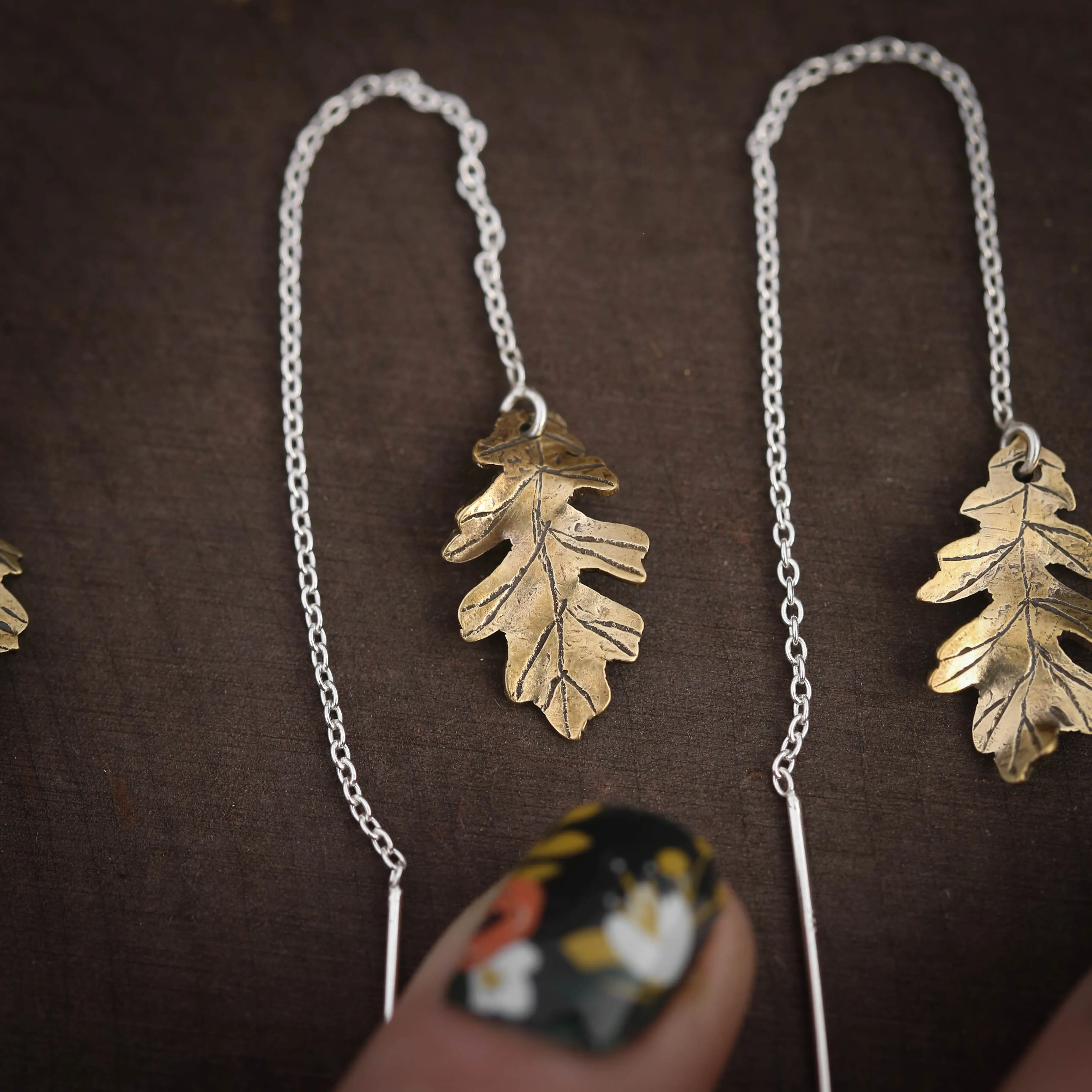 Oak and Aspen Leaf Ear Threaders Earrings in Brass and Sterling Silver