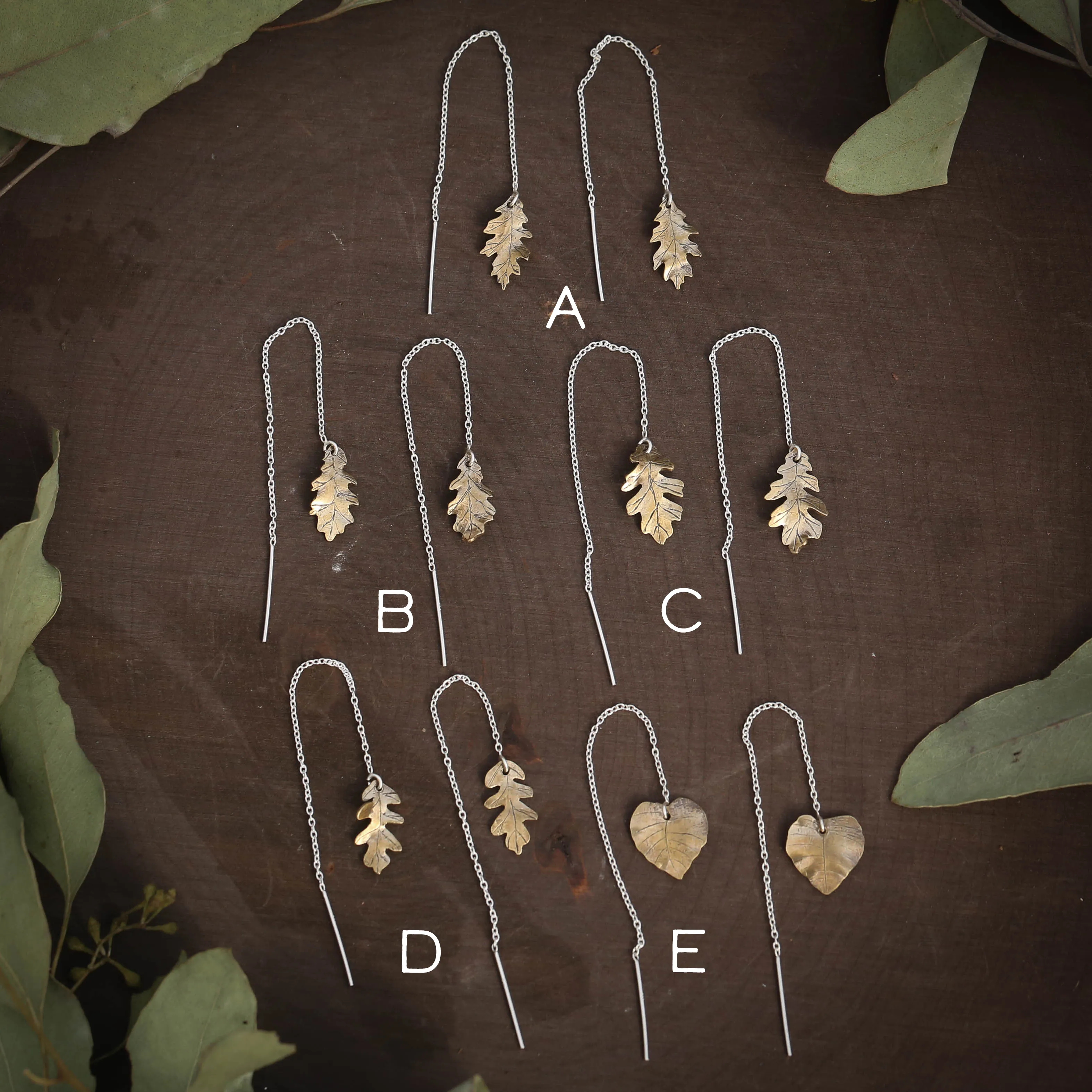 Oak and Aspen Leaf Ear Threaders Earrings in Brass and Sterling Silver