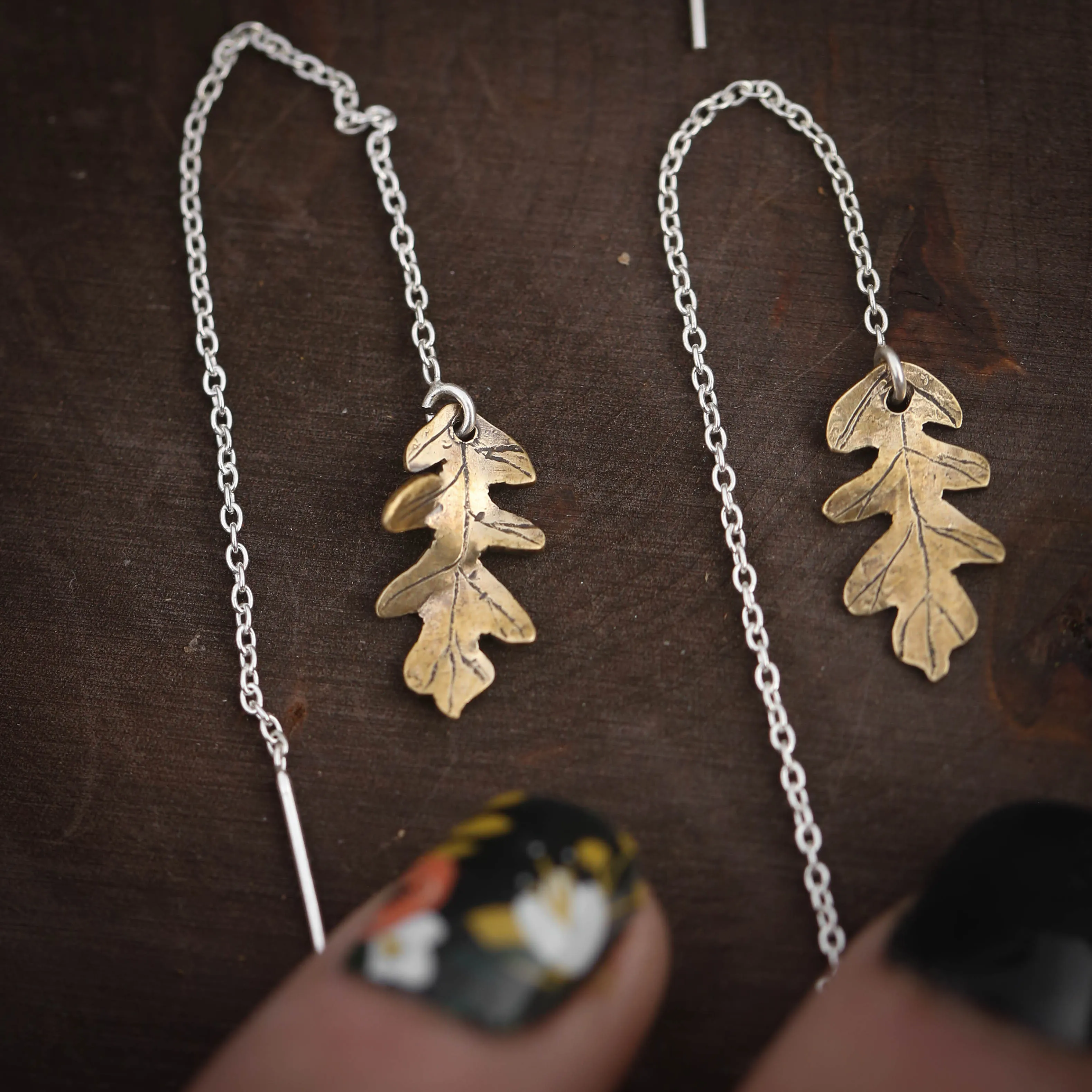 Oak and Aspen Leaf Ear Threaders Earrings in Brass and Sterling Silver