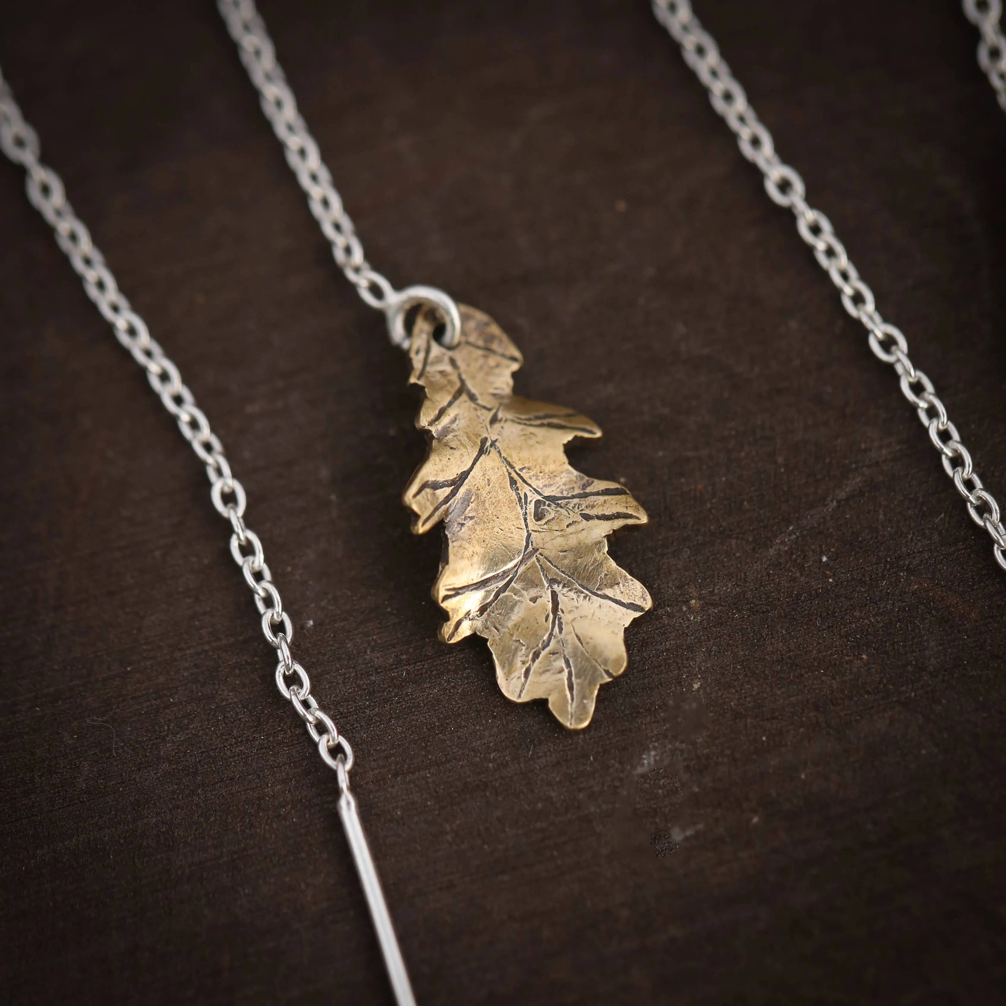 Oak and Aspen Leaf Ear Threaders Earrings in Brass and Sterling Silver