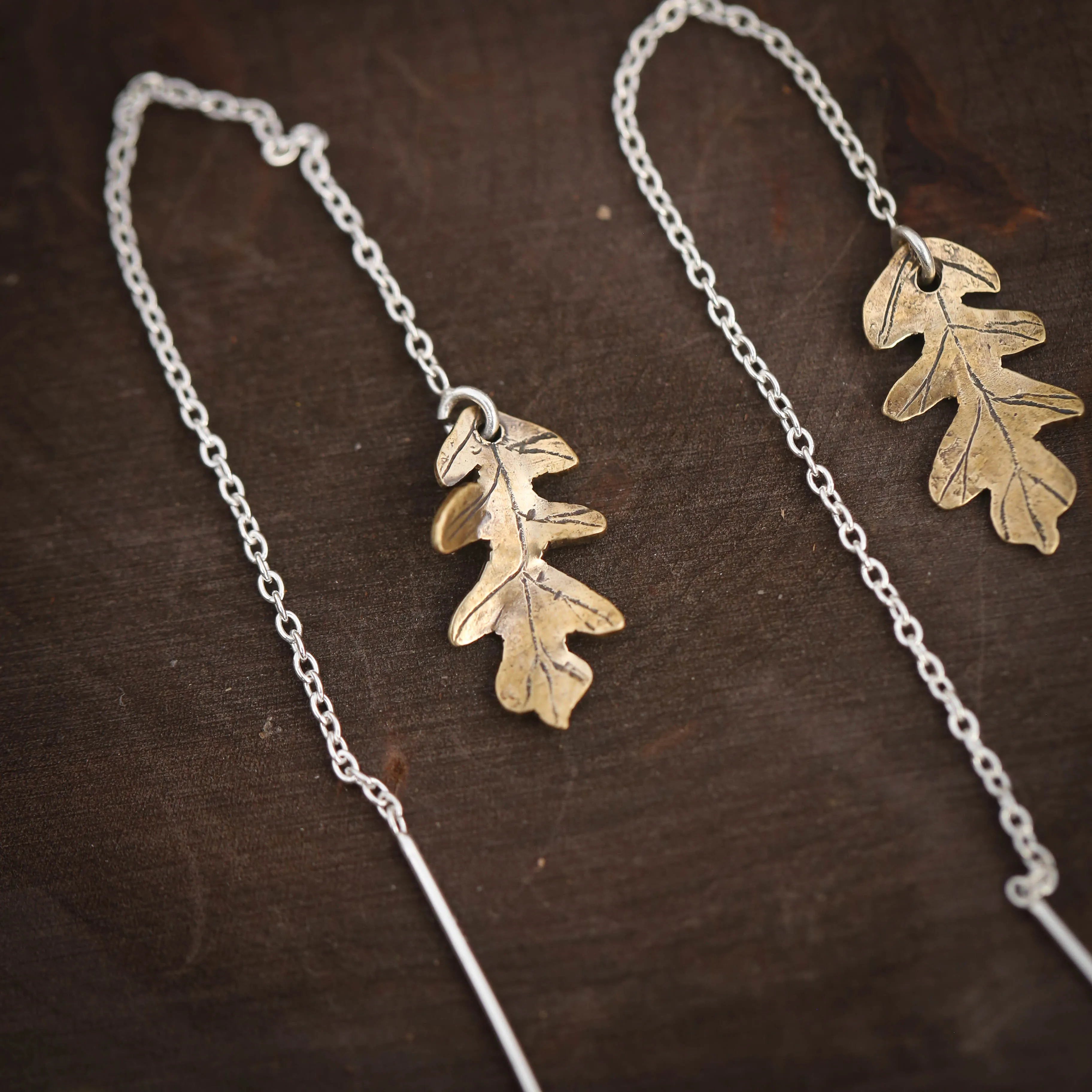 Oak and Aspen Leaf Ear Threaders Earrings in Brass and Sterling Silver