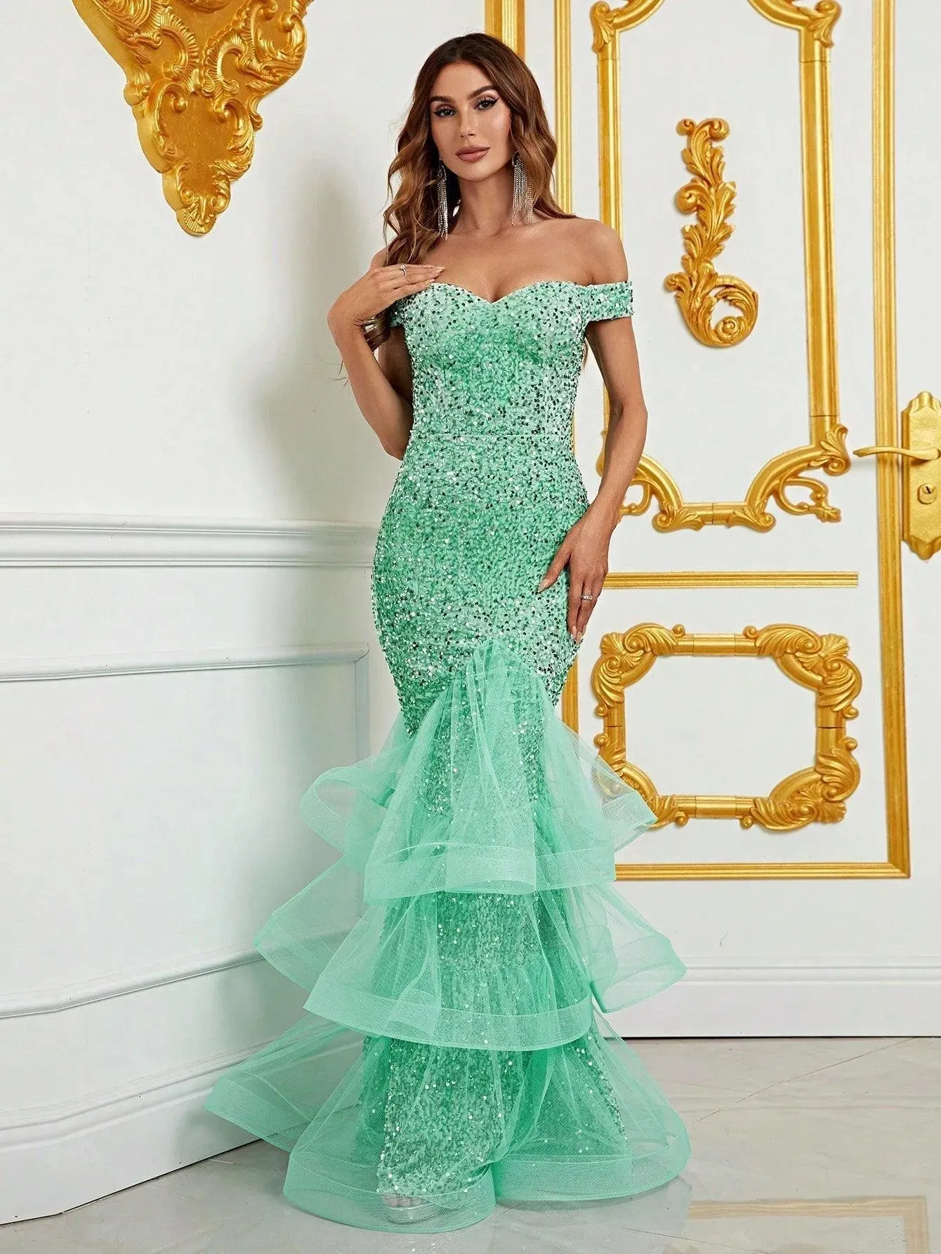 Off Shoulder Mesh Insert Sequin Mermaid Dress