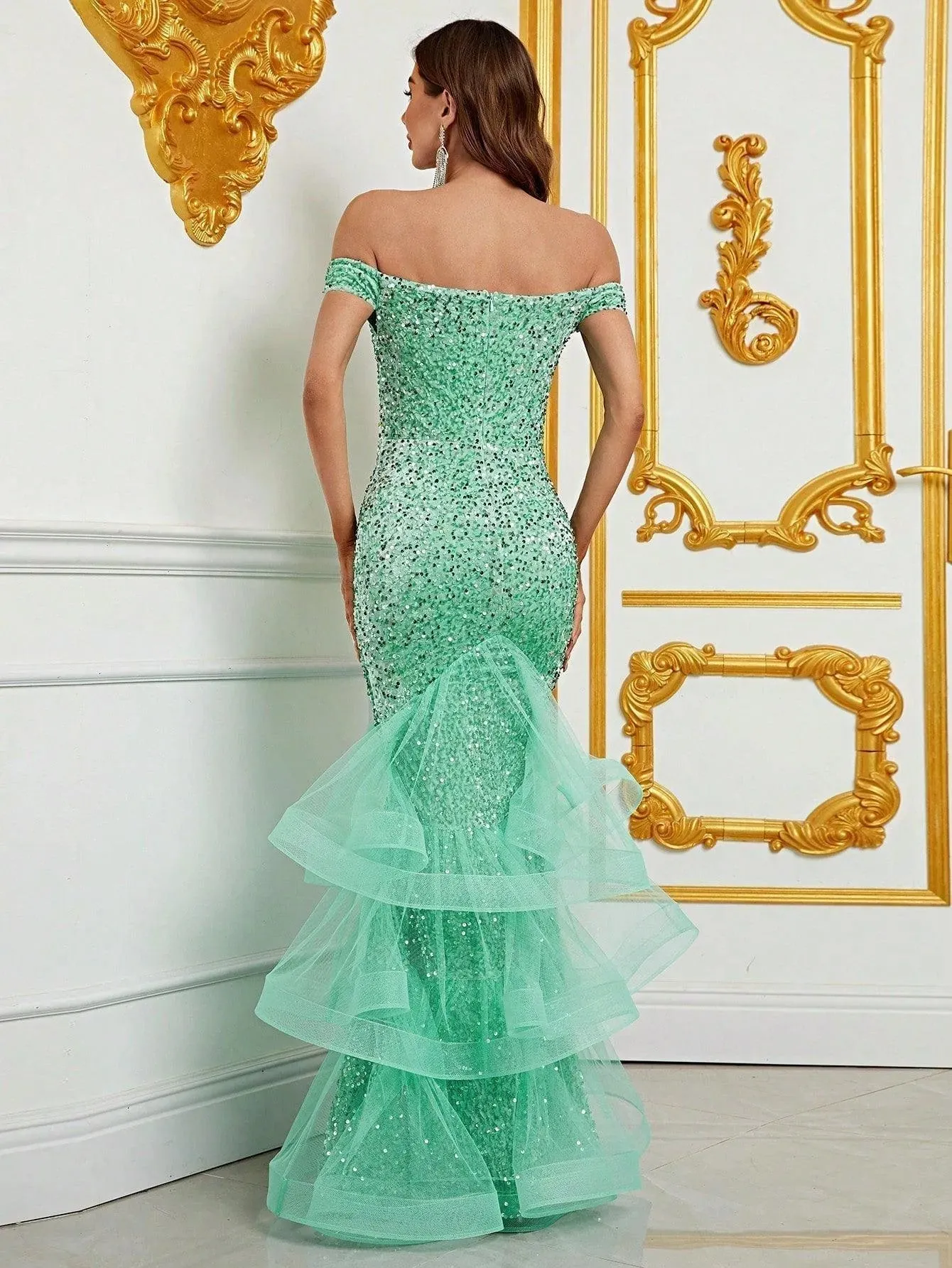 Off Shoulder Mesh Insert Sequin Mermaid Dress