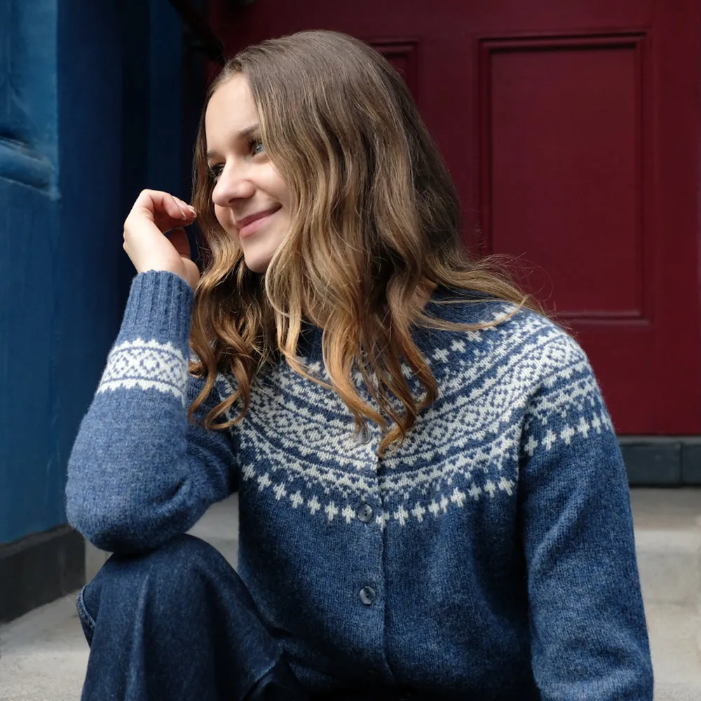 Pure wool fair isle cardigan in denim blue