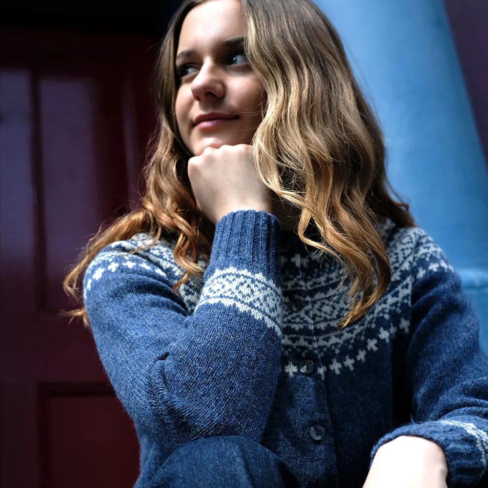 Pure wool fair isle cardigan in denim blue