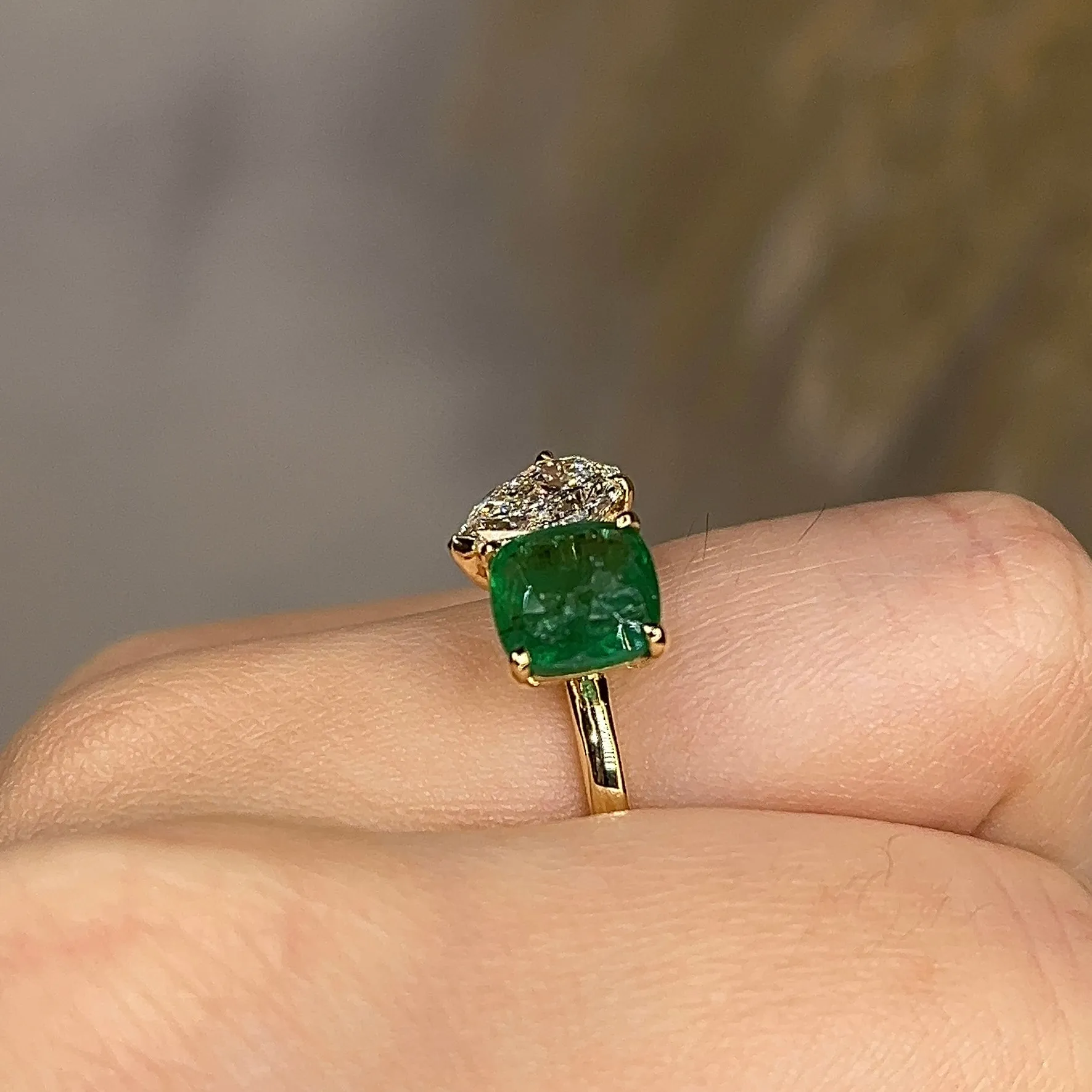 "Juni" Toi Et Moi 1.2 Carat Pear Cut Diamond Paired with 2 Carat Emerald Gem Ring