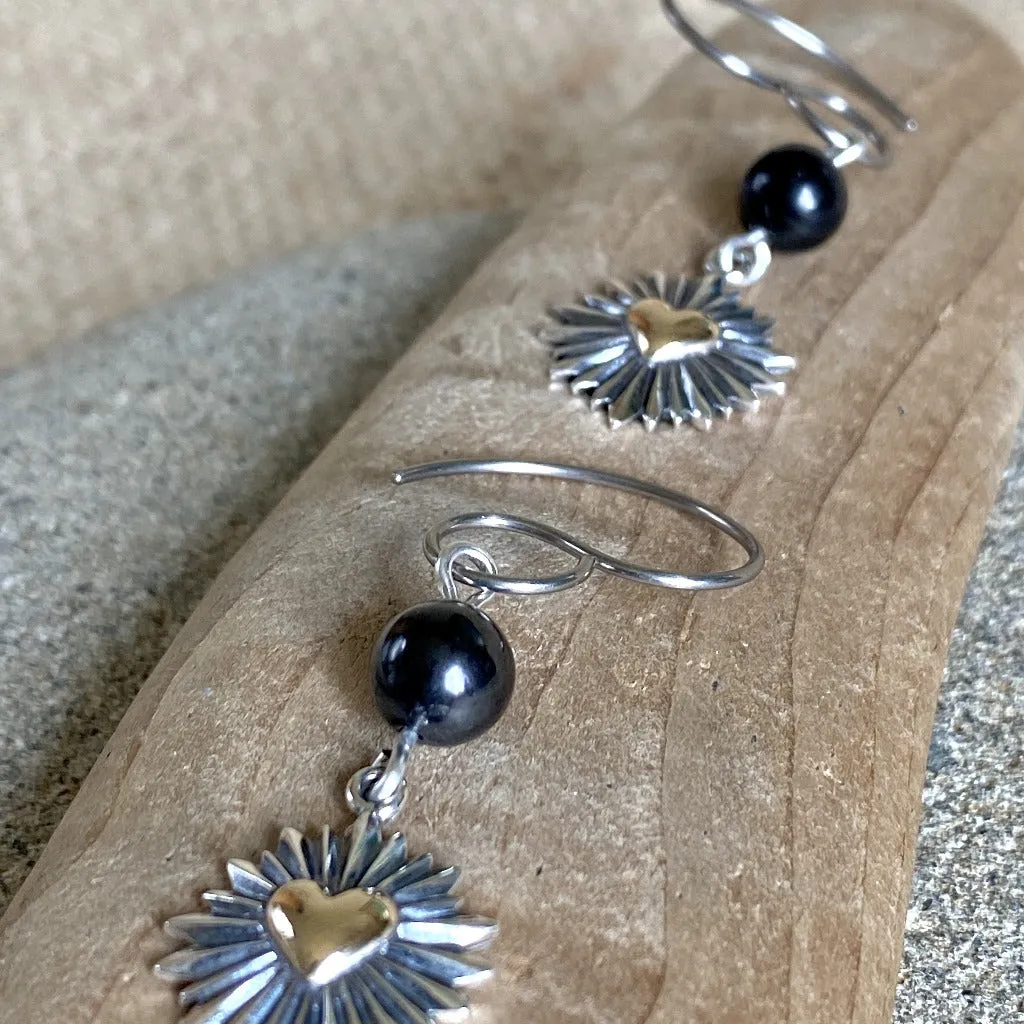 Shungite Earrings With Mixed Metals, Heart Surrounded by Sun Rays