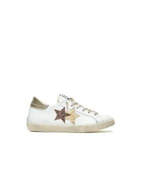 Sneakers Low Pelle Bianca Con Dettagli In cRosta Oro E Leopardato Ed Ecofur Panna Con Effetto ''Used''