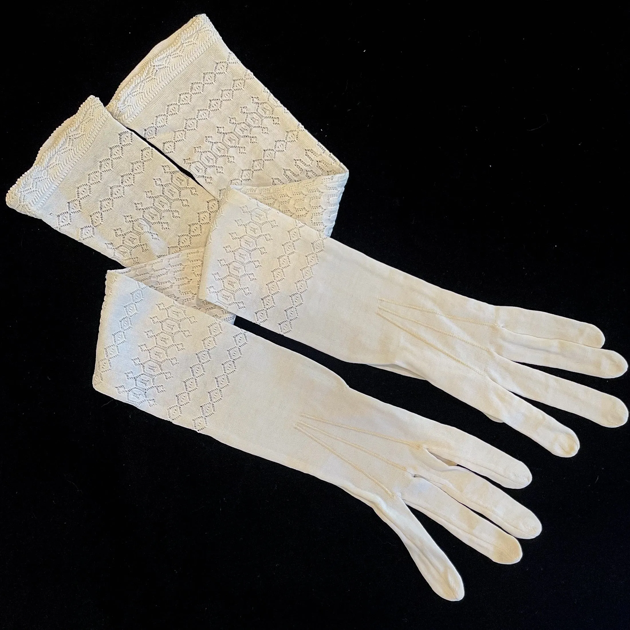 SOLD Antique 1900-10 Knit Opera Length Gloves, Open Weave Details, Edwardian Evening Gloves