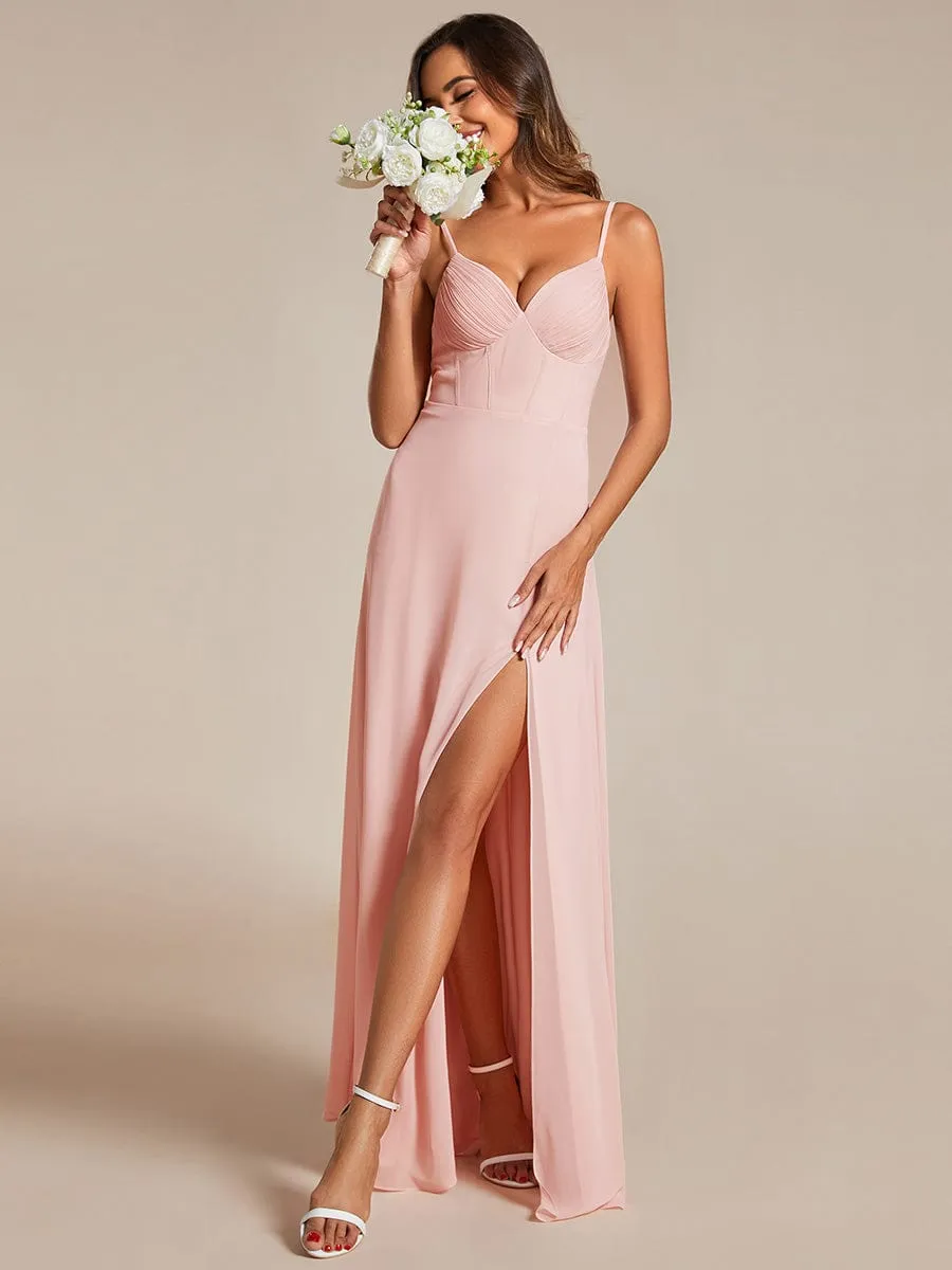 Spaghetti Strap V-Neck Chiffon Bridesmaid Dress with High Slit