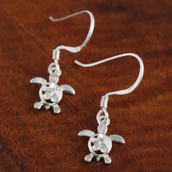 Sterling Silver 4mm Plumeria with CZ on Honu (Hawaiian Turtle) Hook Earrings