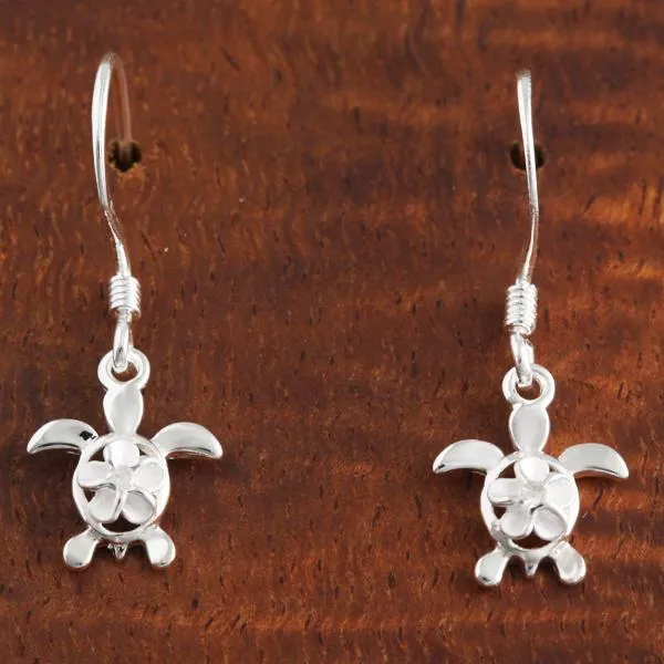 Sterling Silver 4mm Plumeria with CZ on Honu (Hawaiian Turtle) Hook Earrings