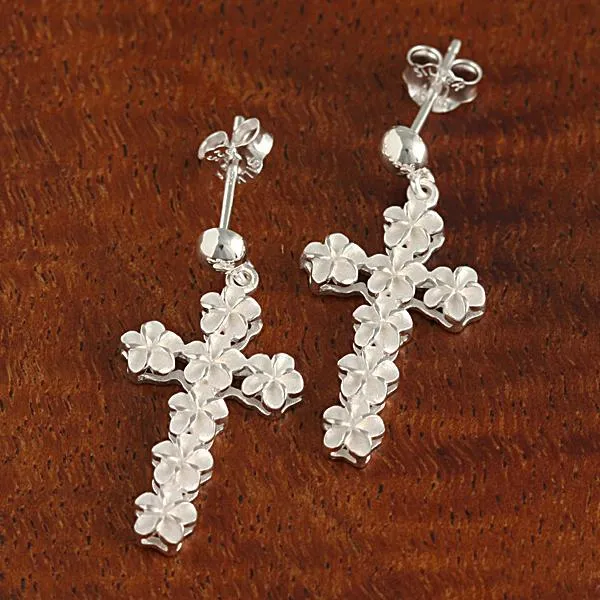 Sterling Silver Bead and Plumeria Cross Post Earrings