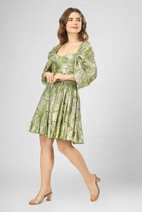 Sydney Metallic Printed Mini Dress in Olive Green