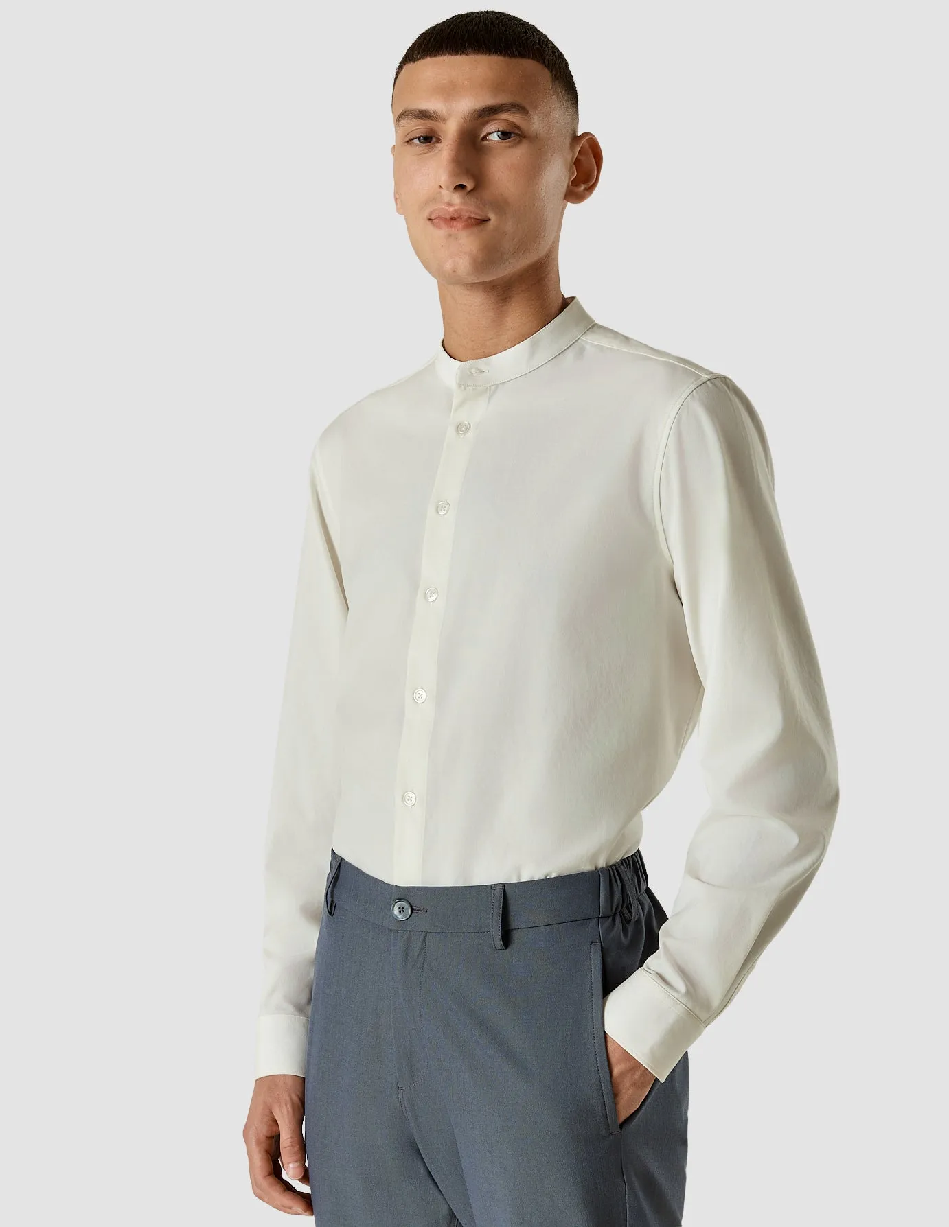 Tech Linen Mandarin Long Sleeve Shirt White