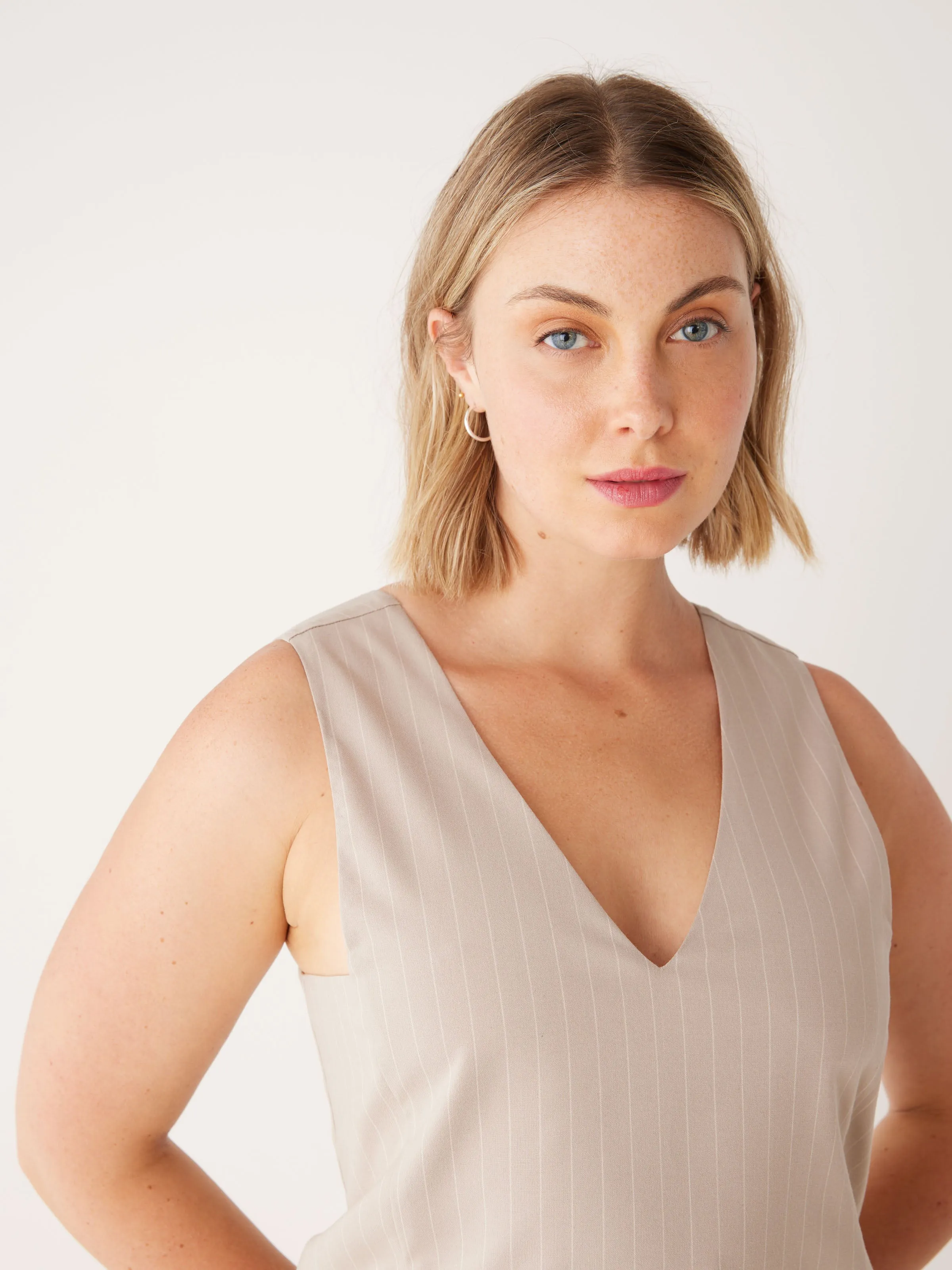 The Pinstriped Pinafore Dress in Oxford Tan